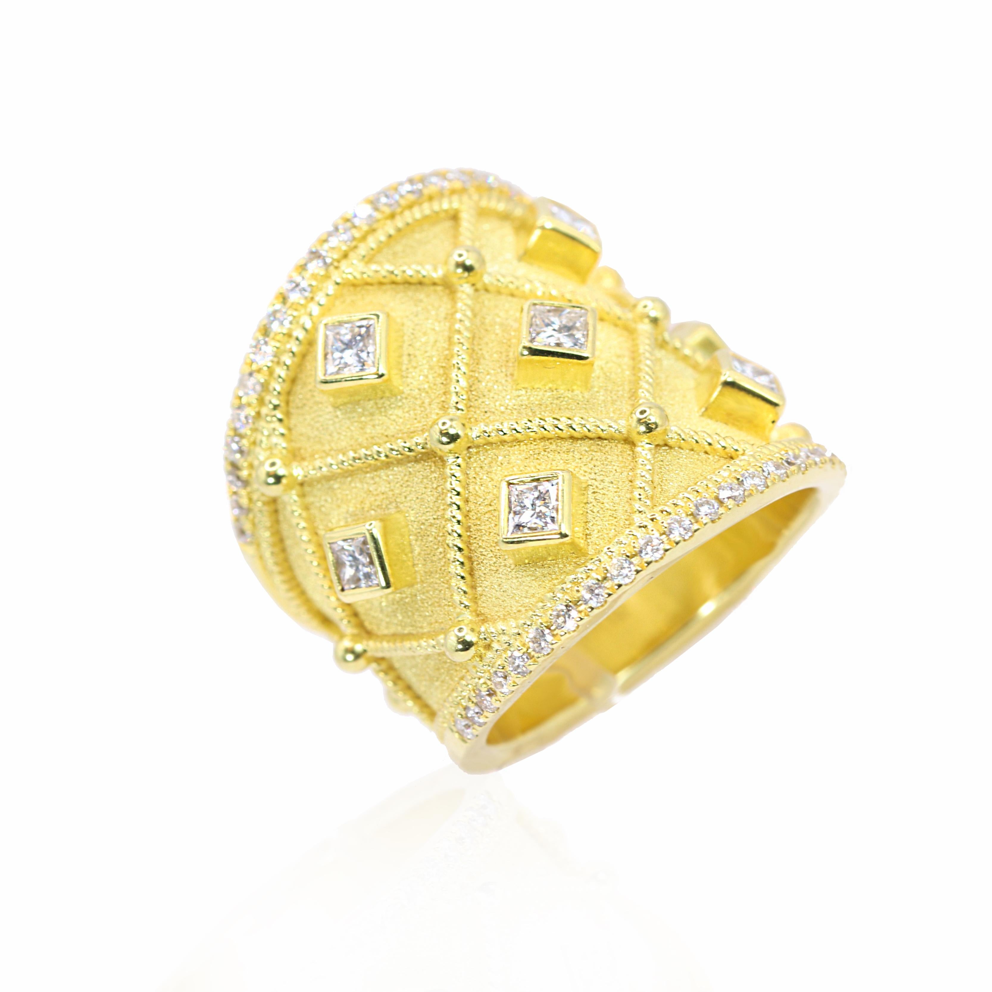 S.Georgios Designer presents an exquisite handmade Ring from 19.90 grams of solid 18 Karat yellow gold in Byzantine style with a unique velvet texture on the background and granulation work - twisted wires and beads in modern design.
The gorgeous