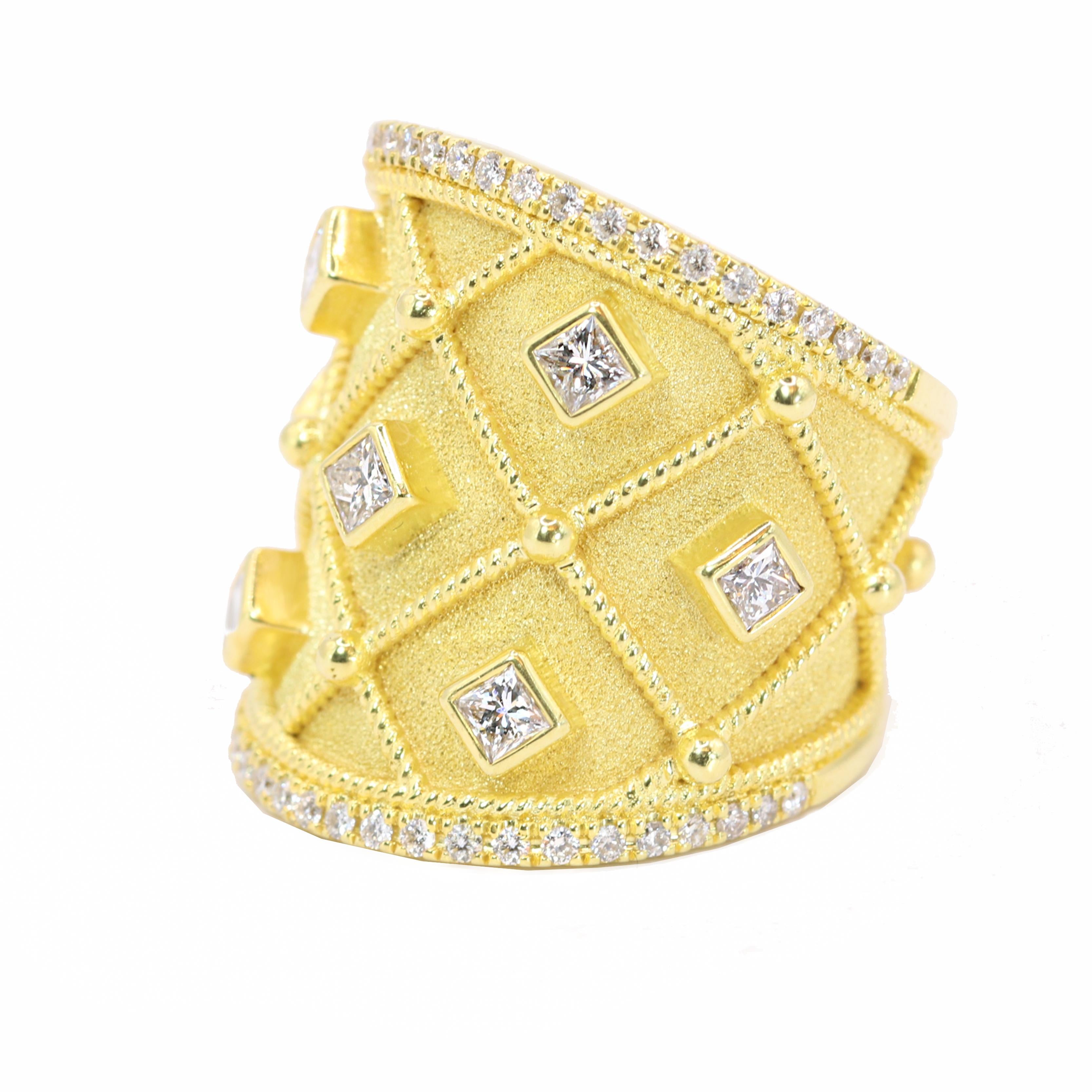 Women's or Men's Georgios Collections 18 Karat Yellow Gold Wide Princess Cut Diamond For Sale