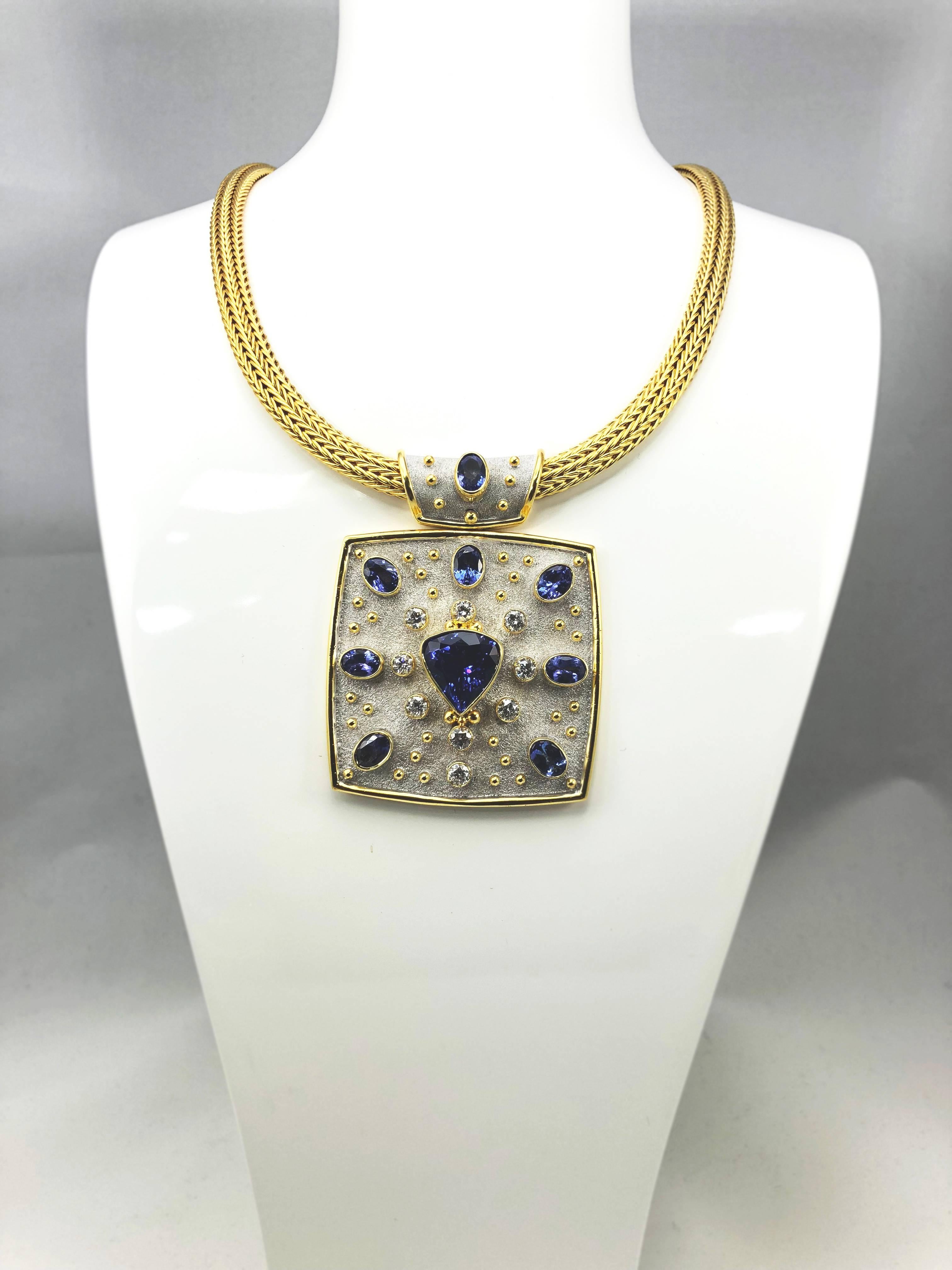 Byzantine Georgios Collections 18 Karat Yellow White Gold Tanzanite and Diamond Necklace For Sale