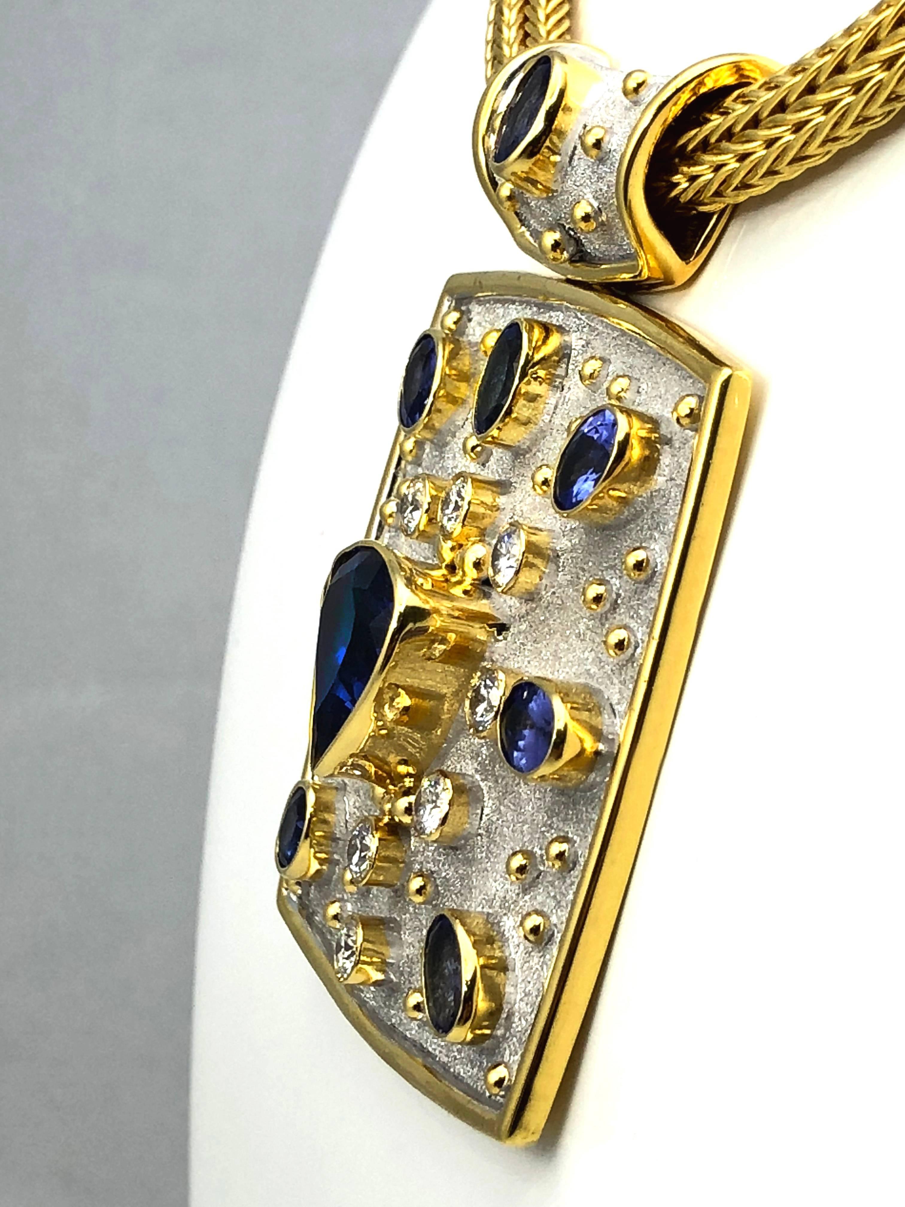 Trillion Cut Georgios Collections 18 Karat Yellow White Gold Tanzanite and Diamond Necklace For Sale