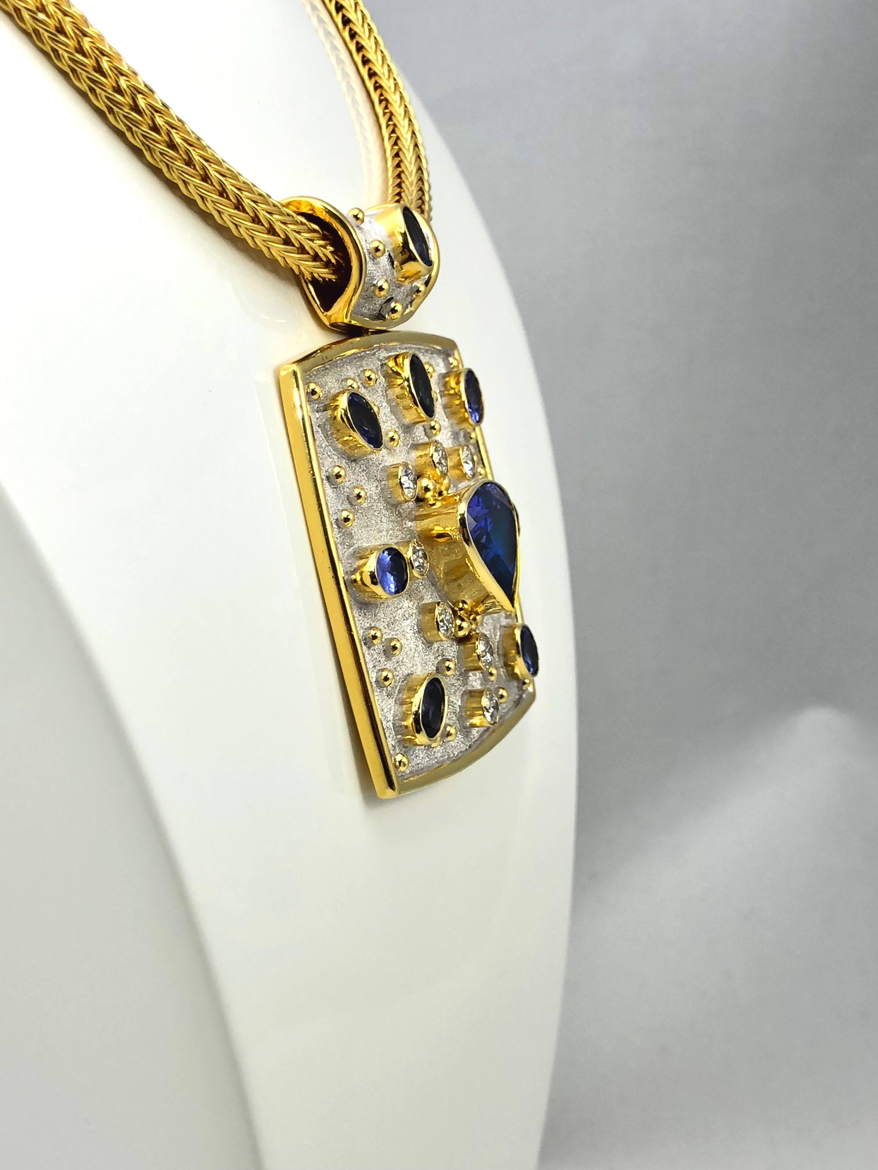 Georgios Collections 18 Karat Yellow White Gold Tanzanite and Diamond Necklace In New Condition For Sale In Astoria, NY