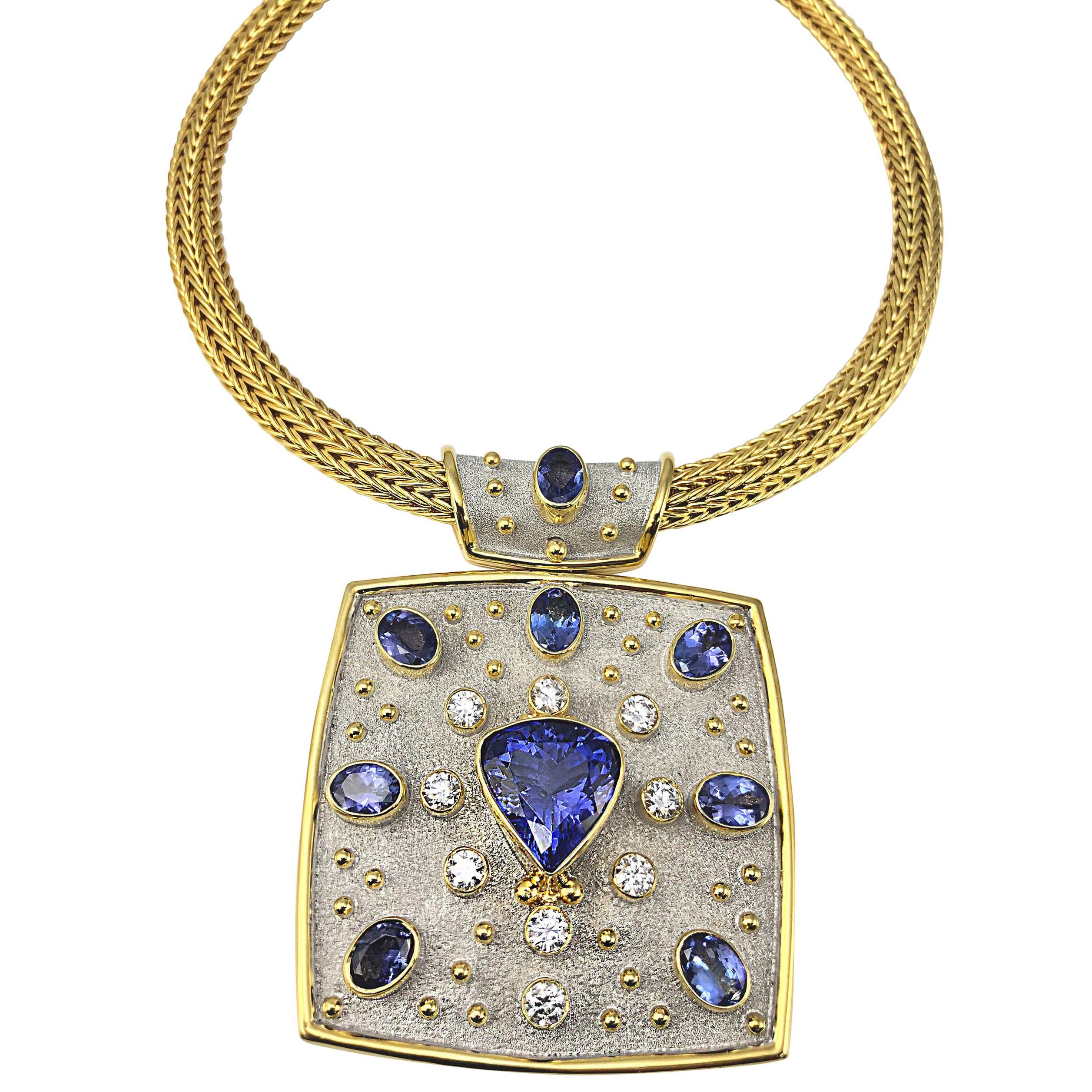 Georgios Collections 18 Karat Yellow White Gold Tanzanite and Diamond Necklace For Sale
