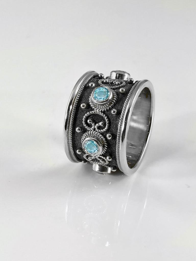 Byzantine Georgios Collections 18 Karat White Gold Aquamarine Two-Tone Wide Band Ring  For Sale