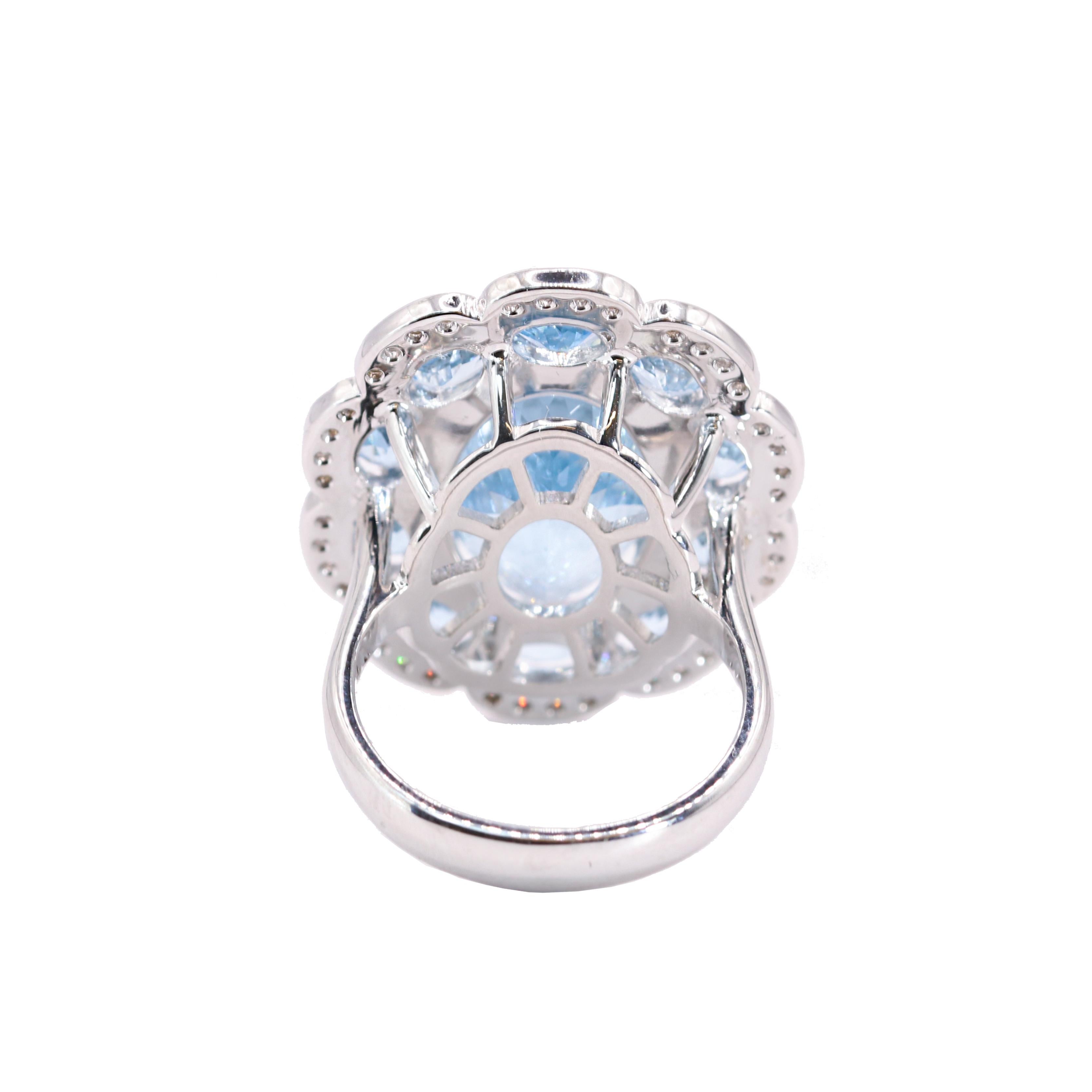 Oval Cut Georgios Collections 18K White Gold Aquamarine and Diamond Flower Ring For Sale