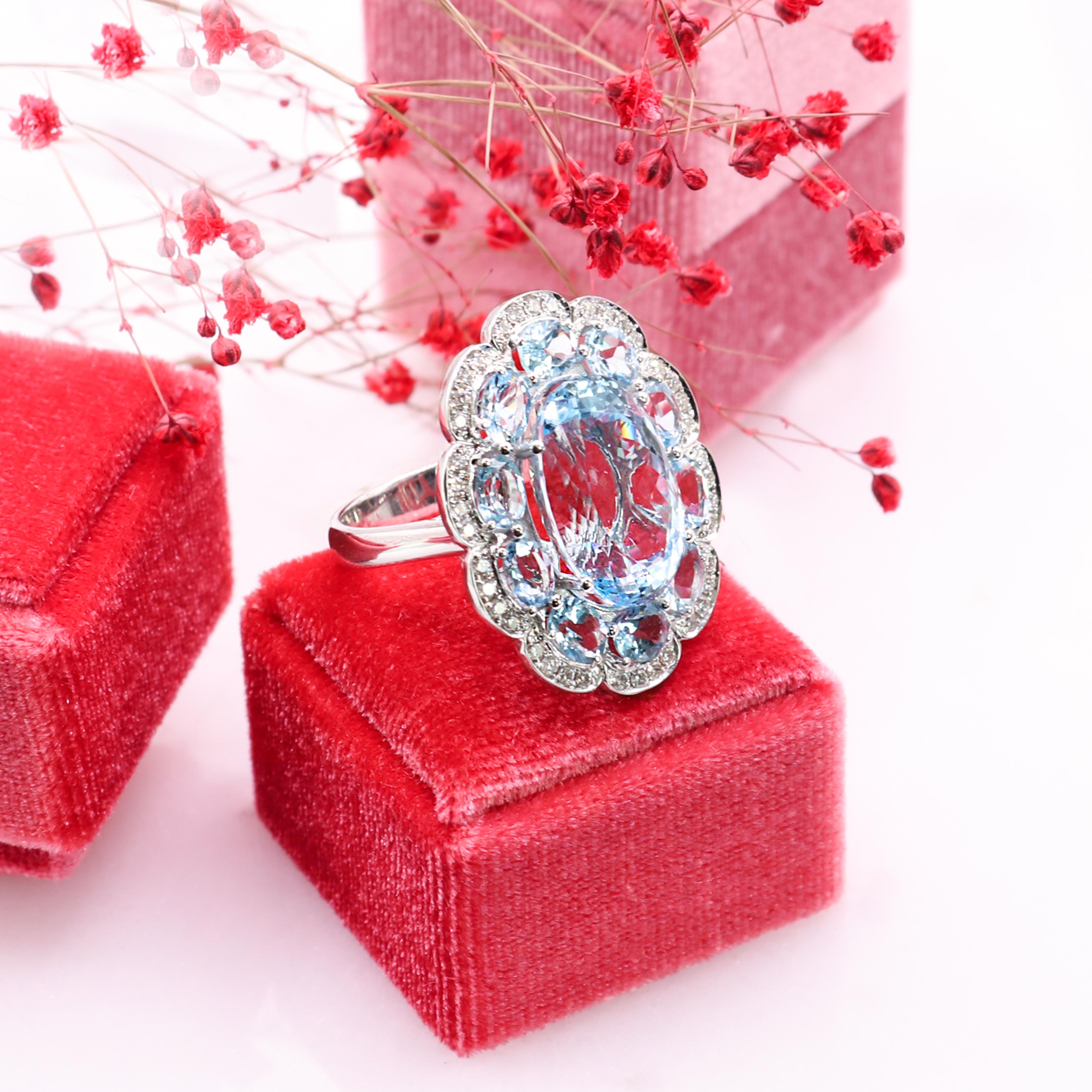 Georgios Collections 18K White Gold Aquamarine and Diamond Flower Ring For Sale 2