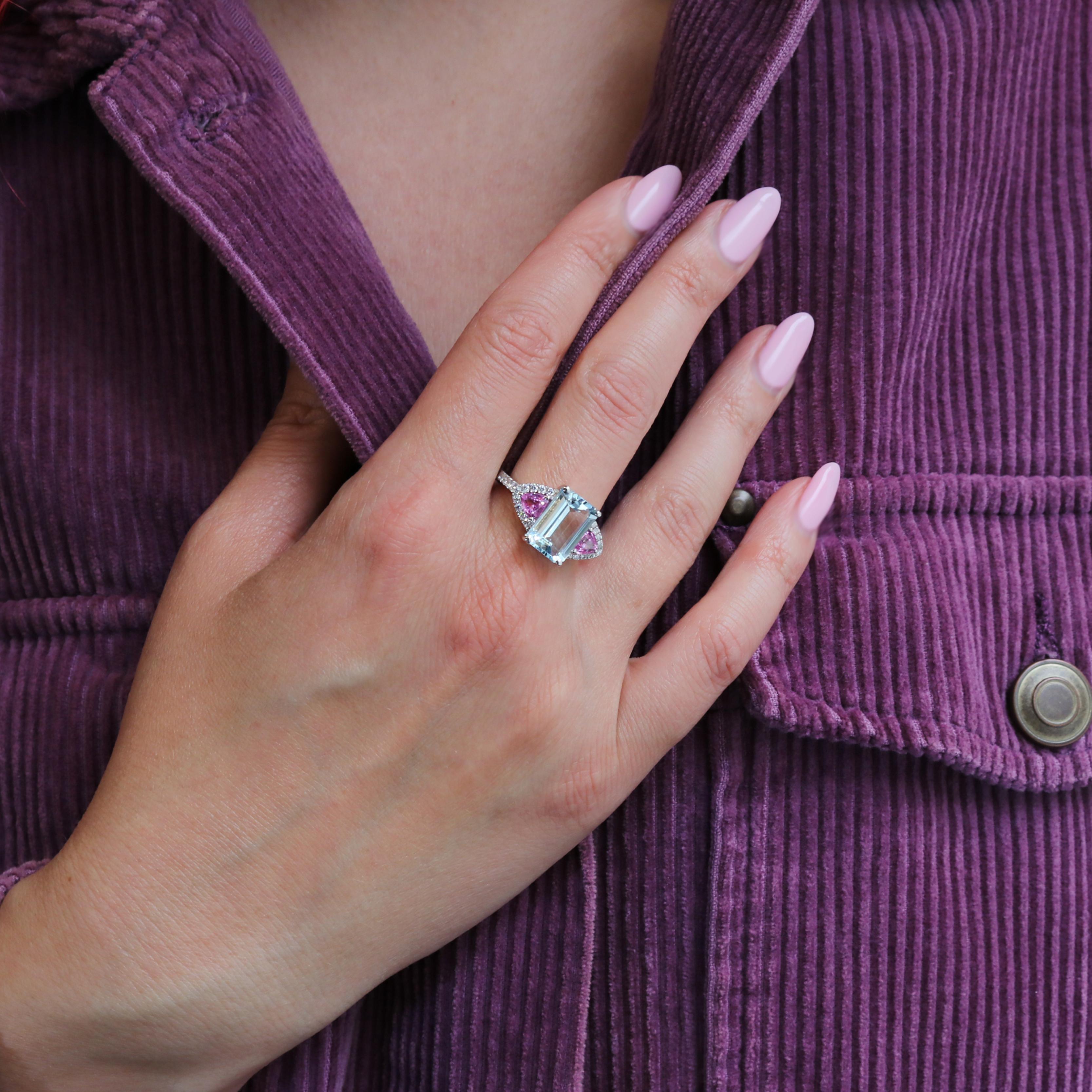 Georgios Collections 18K White Gold Aquamarine, Diamonds and Pink Sapphires Ring For Sale 4