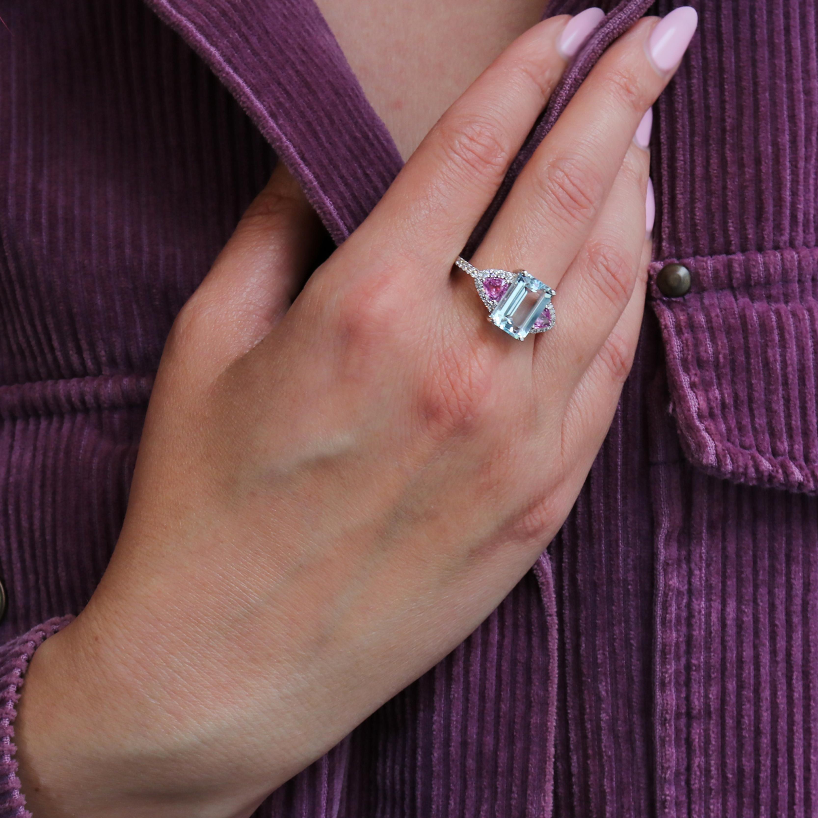 Georgios Collections 18K White Gold Aquamarine, Diamonds and Pink Sapphires Ring For Sale 5