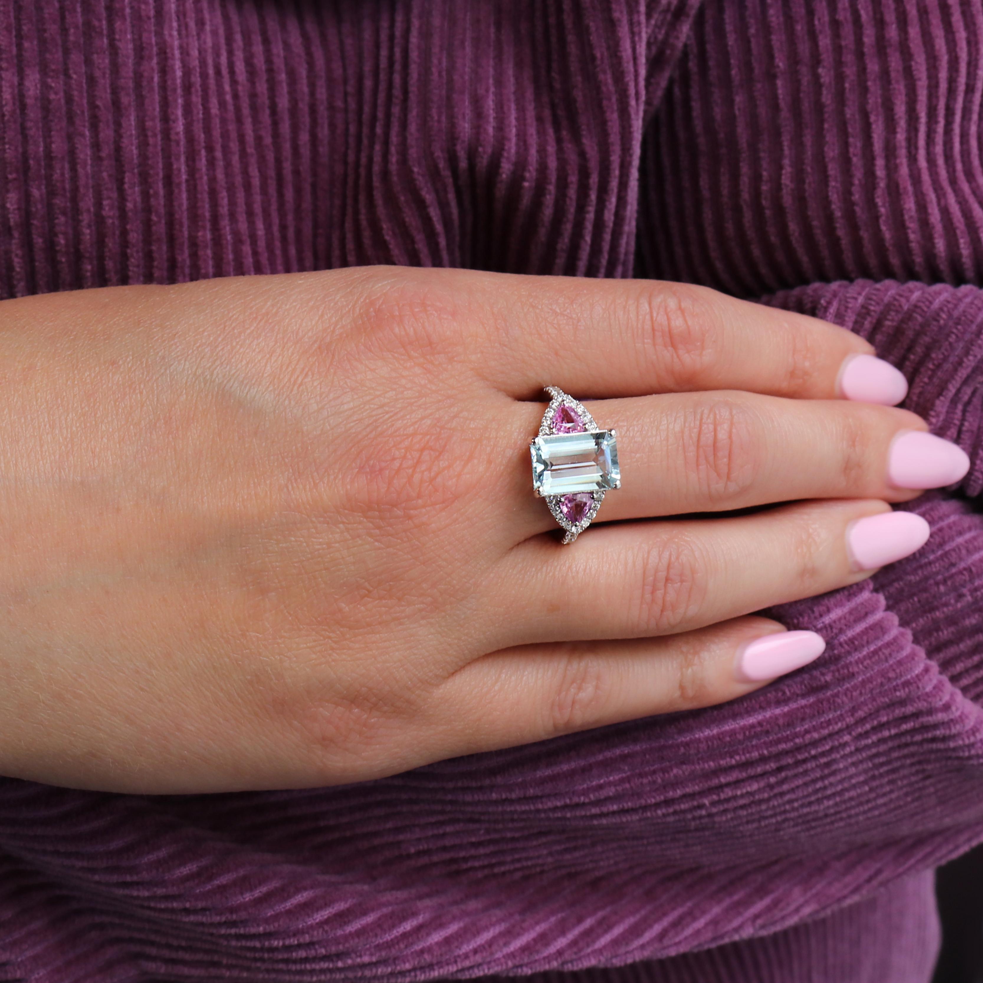 Georgios Collections 18K White Gold Aquamarine, Diamonds and Pink Sapphires Ring For Sale 6