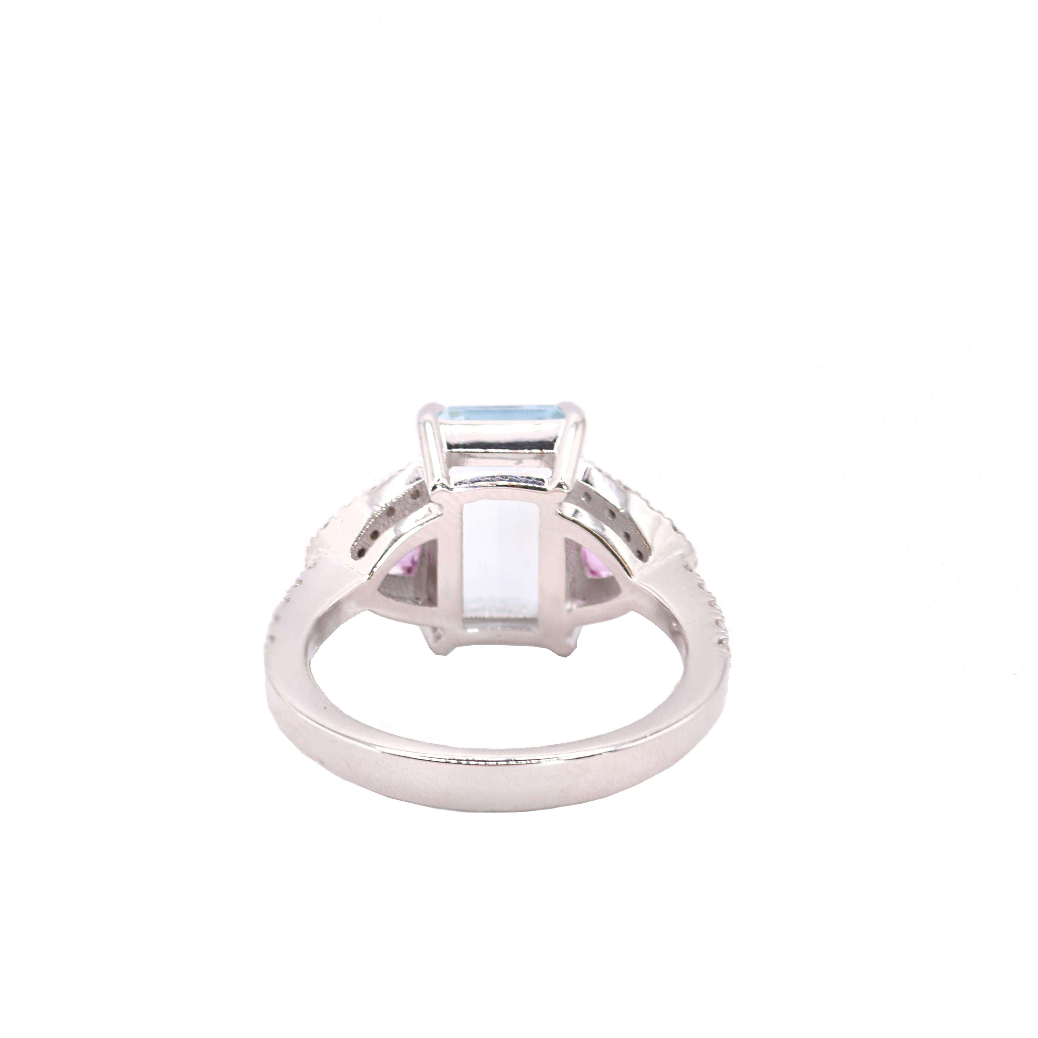 Emerald Cut Georgios Collections 18K White Gold Aquamarine, Diamonds and Pink Sapphires Ring For Sale