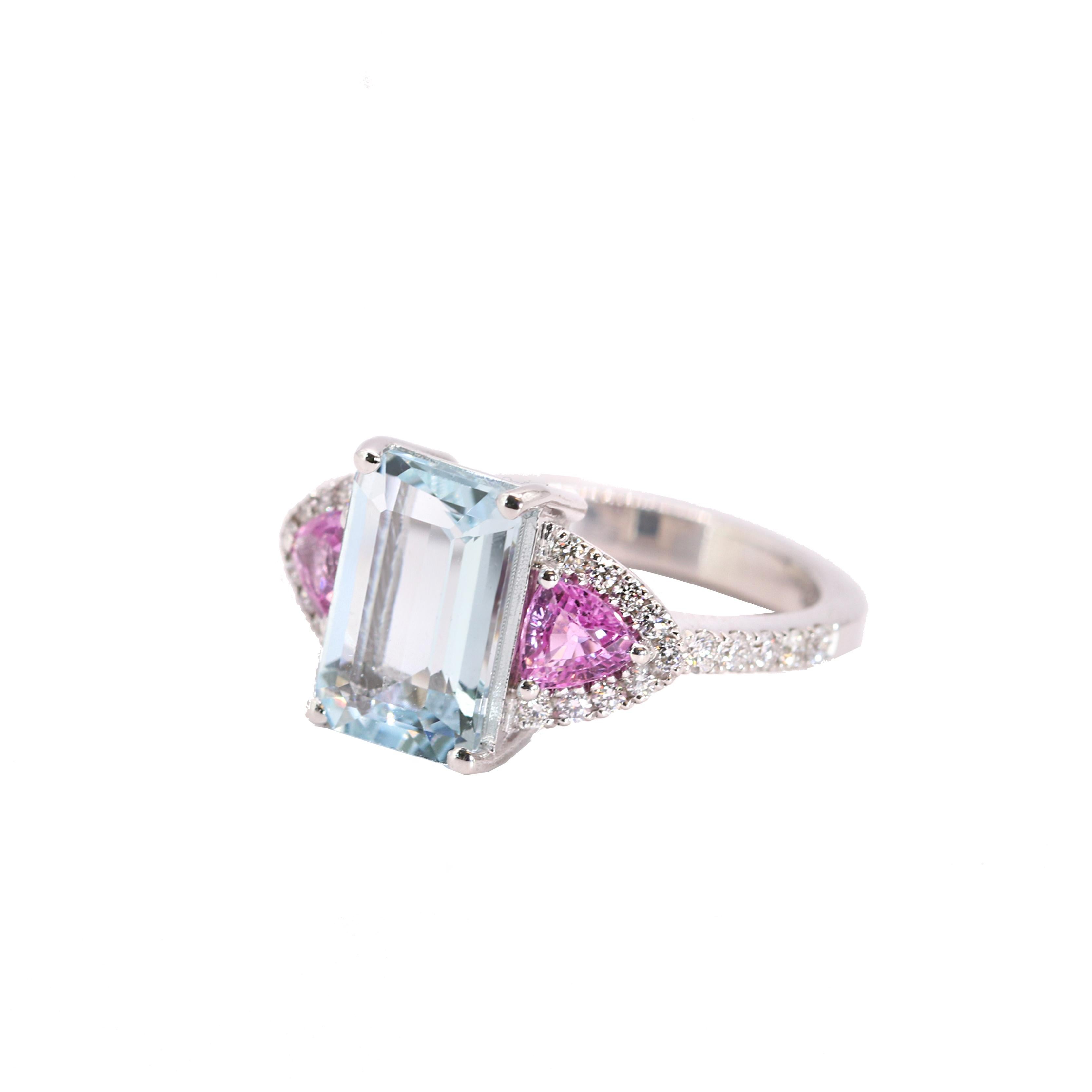 Georgios Collections 18K White Gold Aquamarine, Diamonds and Pink Sapphires Ring In New Condition For Sale In Astoria, NY