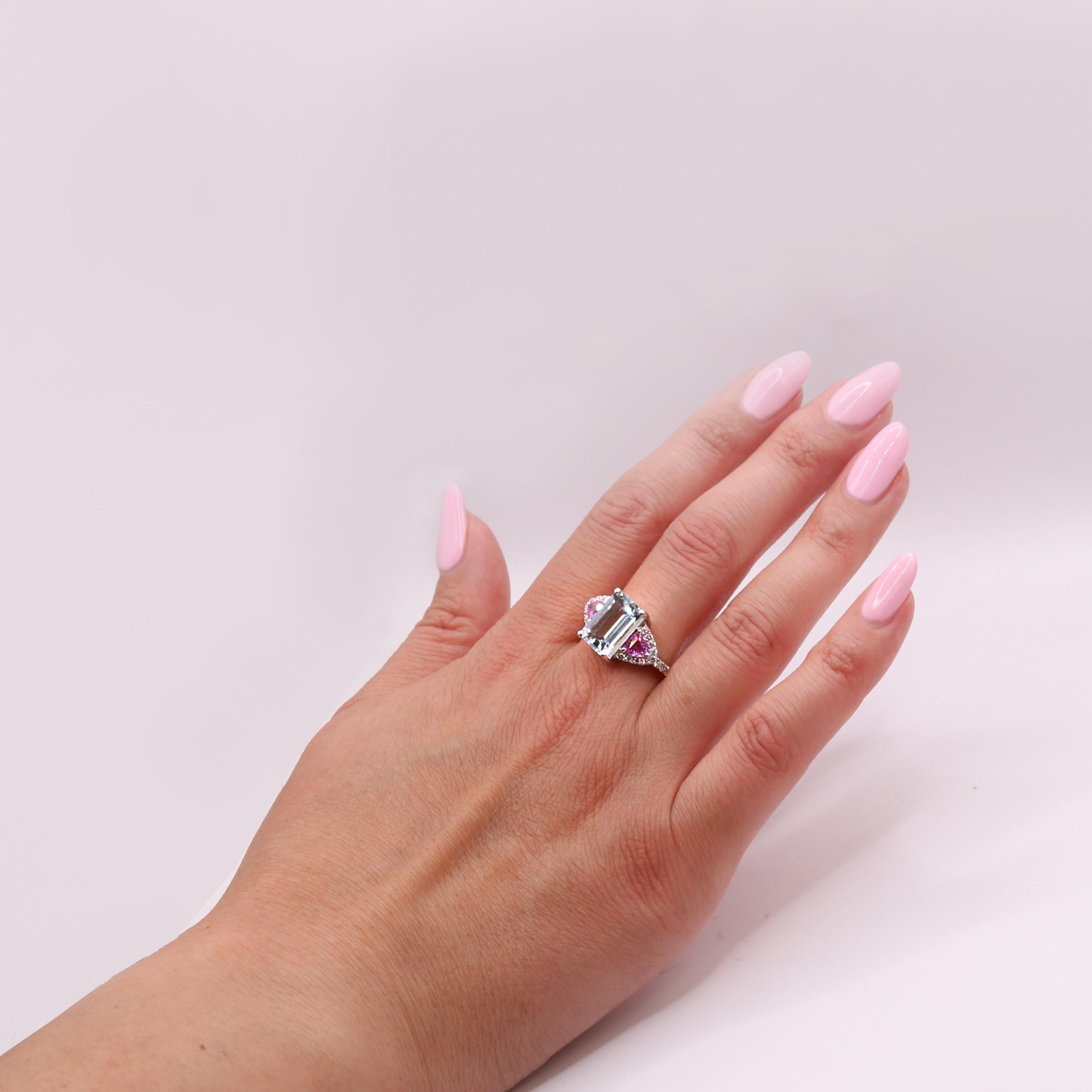 Women's Georgios Collections 18K White Gold Aquamarine, Diamonds and Pink Sapphires Ring For Sale