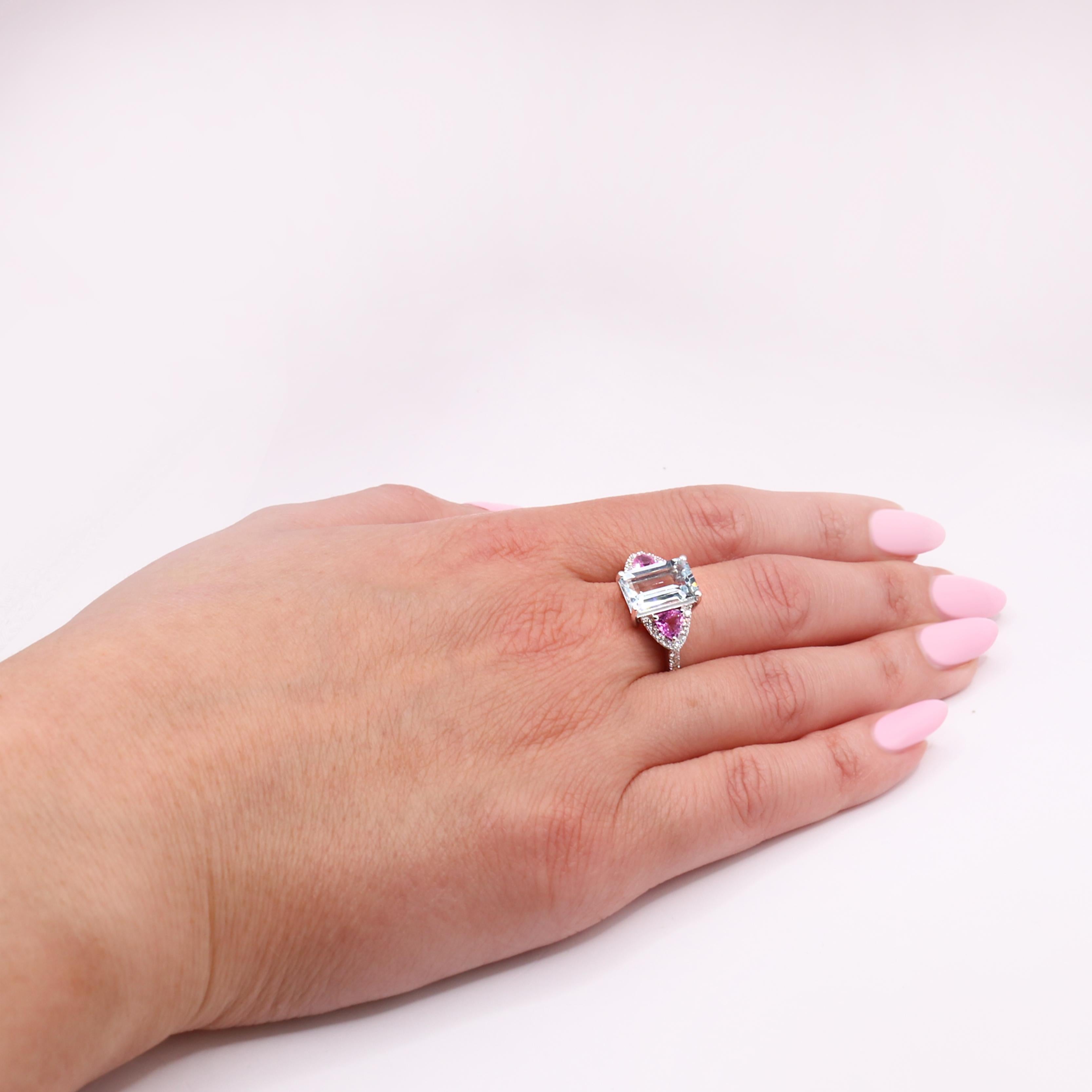 Georgios Collections 18K White Gold Aquamarine, Diamonds and Pink Sapphires Ring For Sale 1