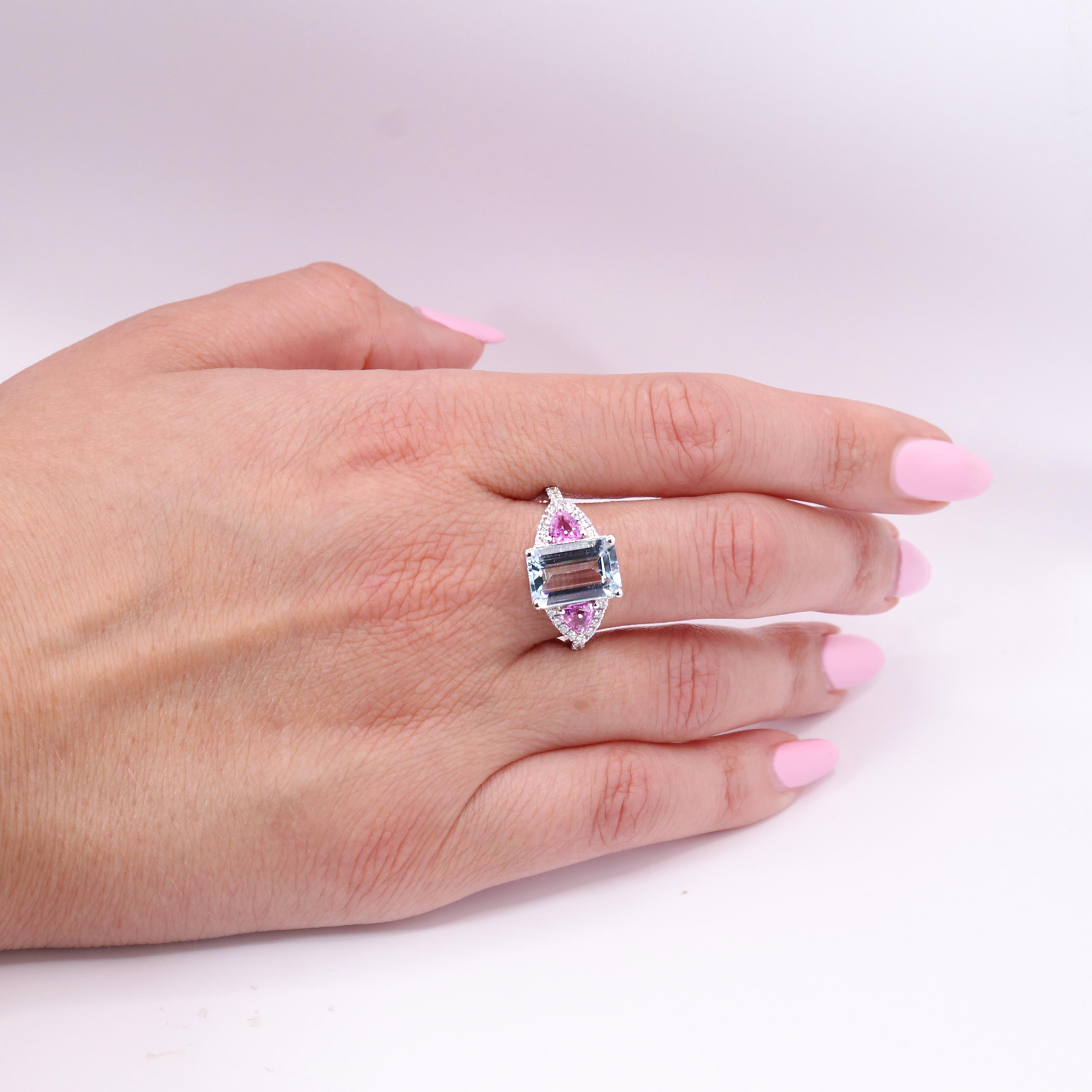 Georgios Collections 18K White Gold Aquamarine, Diamonds and Pink Sapphires Ring For Sale 2