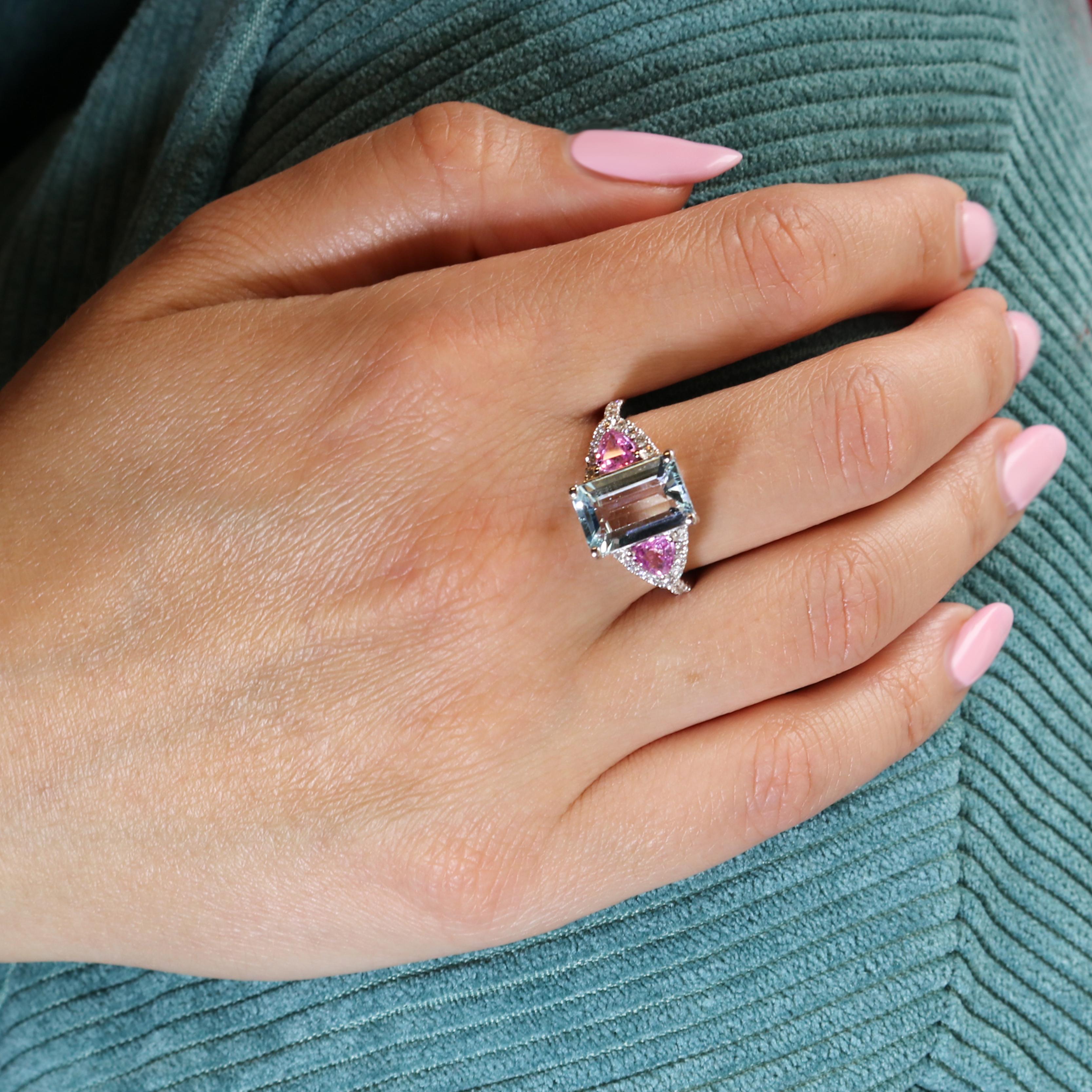 Georgios Collections 18K White Gold Aquamarine, Diamonds and Pink Sapphires Ring For Sale 3