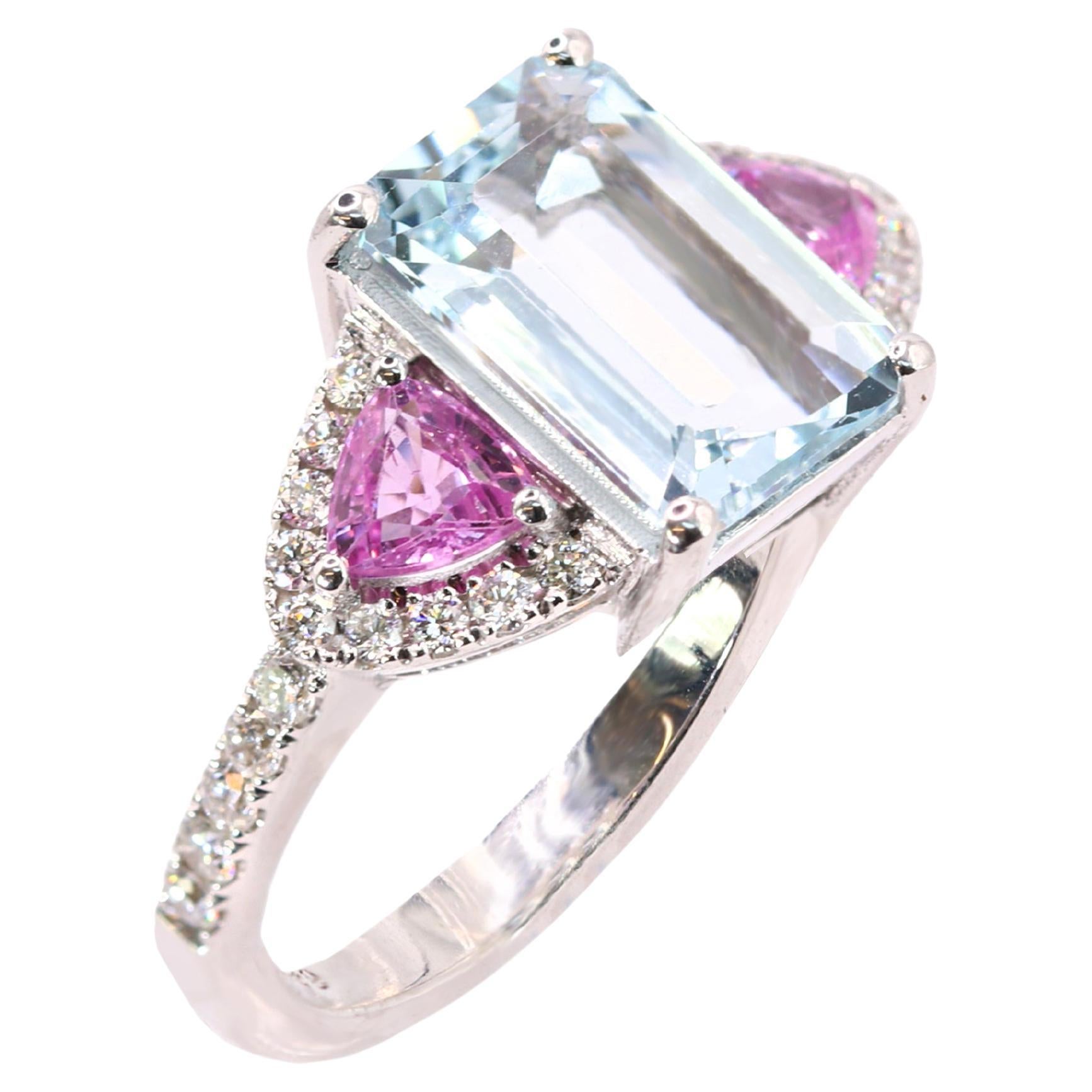 Georgios Collections 18K White Gold Aquamarine, Diamonds and Pink Sapphires Ring