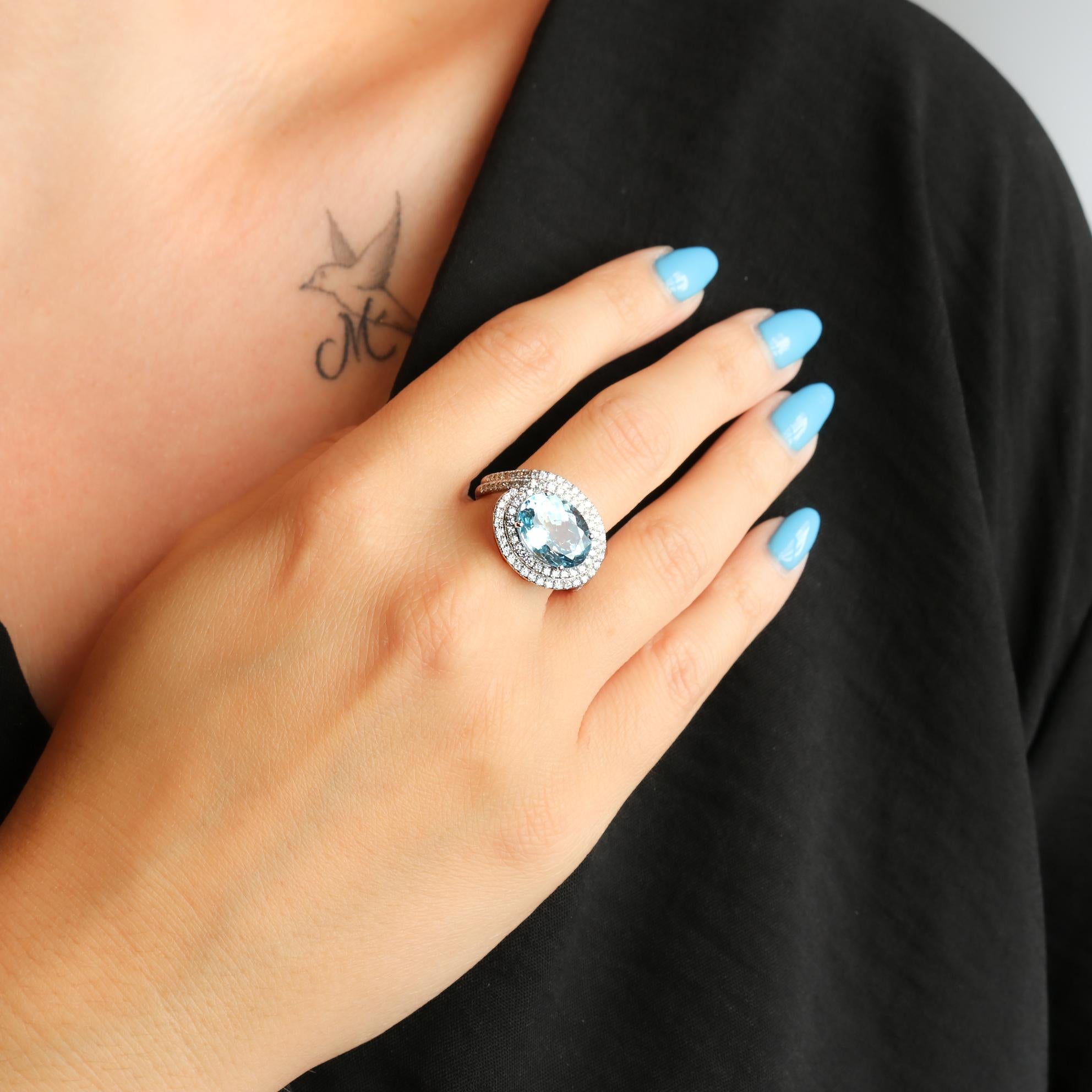 Georgios Collections 18K White Gold Ring with Oval Aquamarine and Diamonds For Sale 3