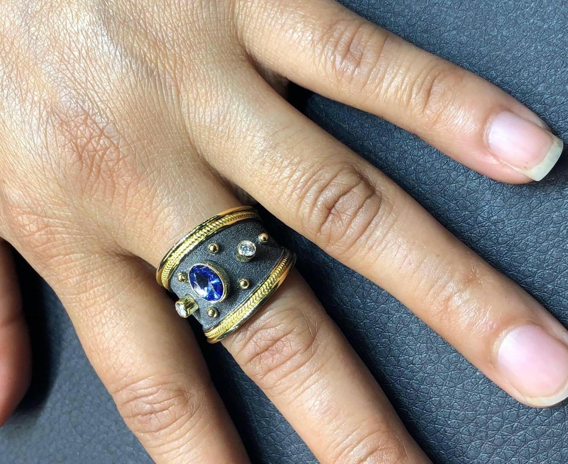 Georgios Collections 18 Karat Two-Tone Sapphire and Diamonds Wide Band Ring In New Condition For Sale In Astoria, NY