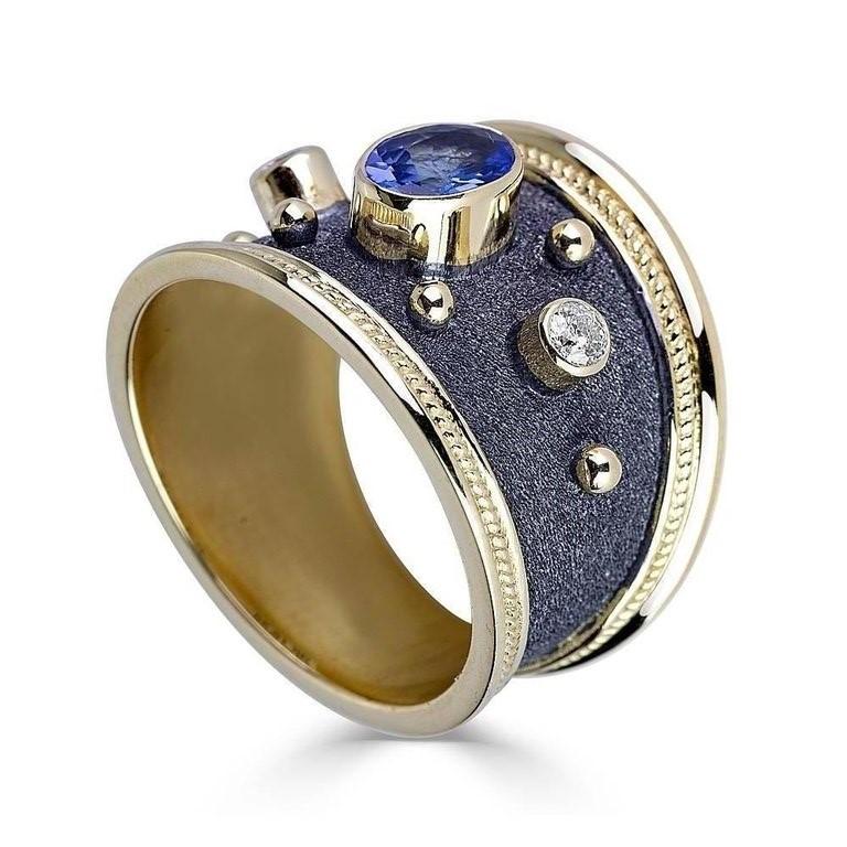 Women's or Men's Georgios Collections 18 Karat Two-Tone Sapphire and Diamonds Wide Band Ring For Sale