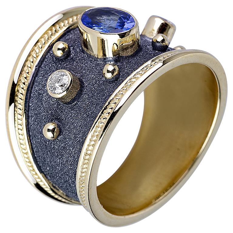 Georgios Collections 18 Karat Two-Tone Sapphire and Diamonds Wide Band Ring For Sale