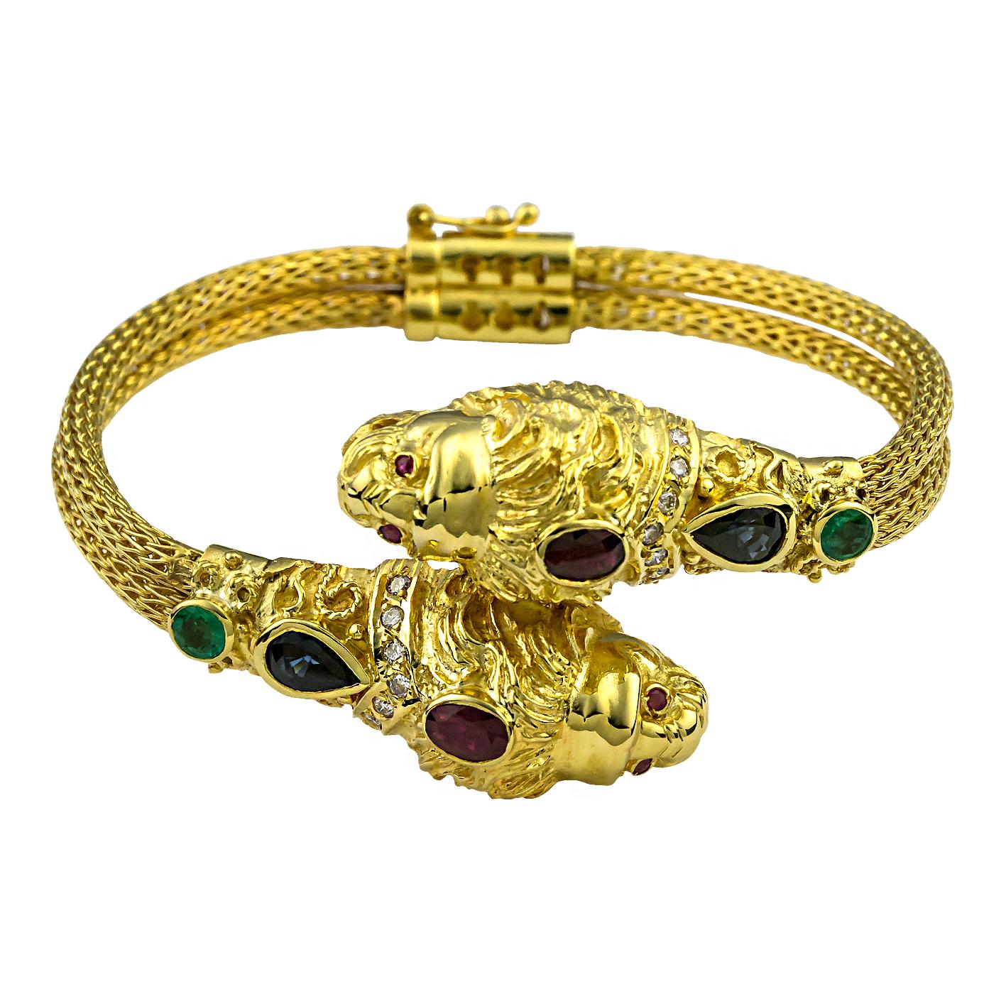 Georgios Collections Gold 18 Karat Diamond Double Lionheads Multi-Color Bracelet For Sale 4