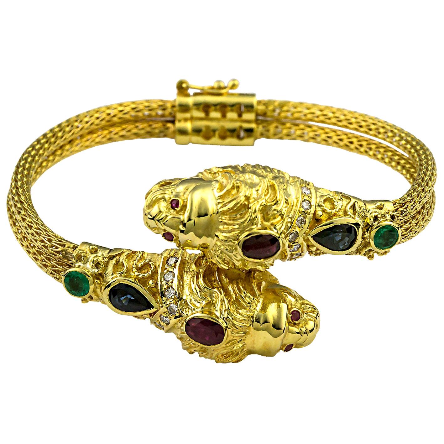 Georgios Collections Gold 18 Karat Diamond Double Lionheads Multi-Color Bracelet For Sale