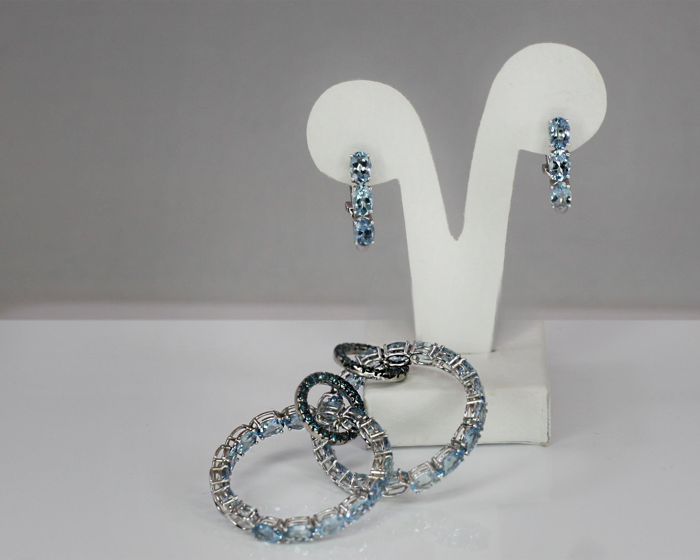 Oval Cut Georgios Collections White Gold Blue Diamond Aquamarine Adjustable Hoop Earrings For Sale