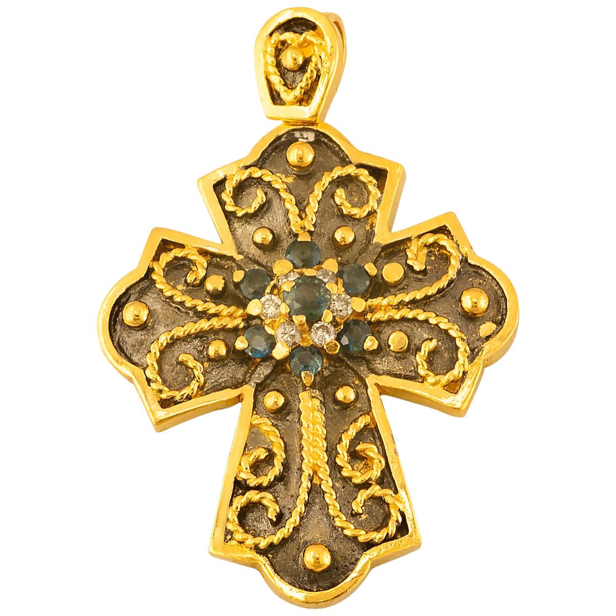 Georgios Collections Yellow Gold 18 Karat Diamond and Sapphire Two-Tone Cross