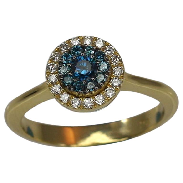 Georgios Collections Yellow Gold 18 Karat Blue and White Diamond Solitaire Ring For Sale