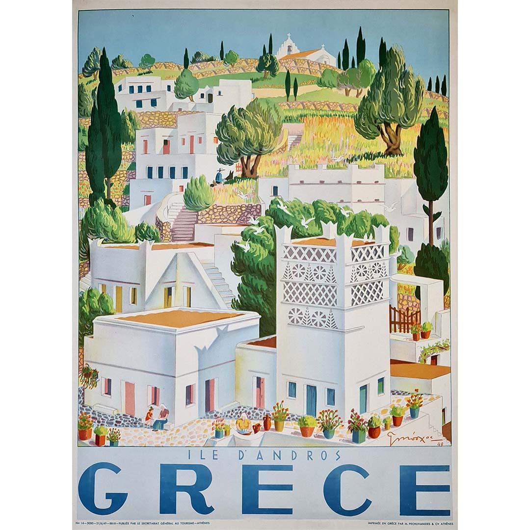 Une belle affiche réalisée par George Moschos 🇬🇷 (1906-1990).

Andros est la deuxième plus grande île après Naxos. C'est aussi l'île la plus septentrionale des Cyclades, à seulement 2 heures de ferry d'Athènes. De nombreuses sources et petits