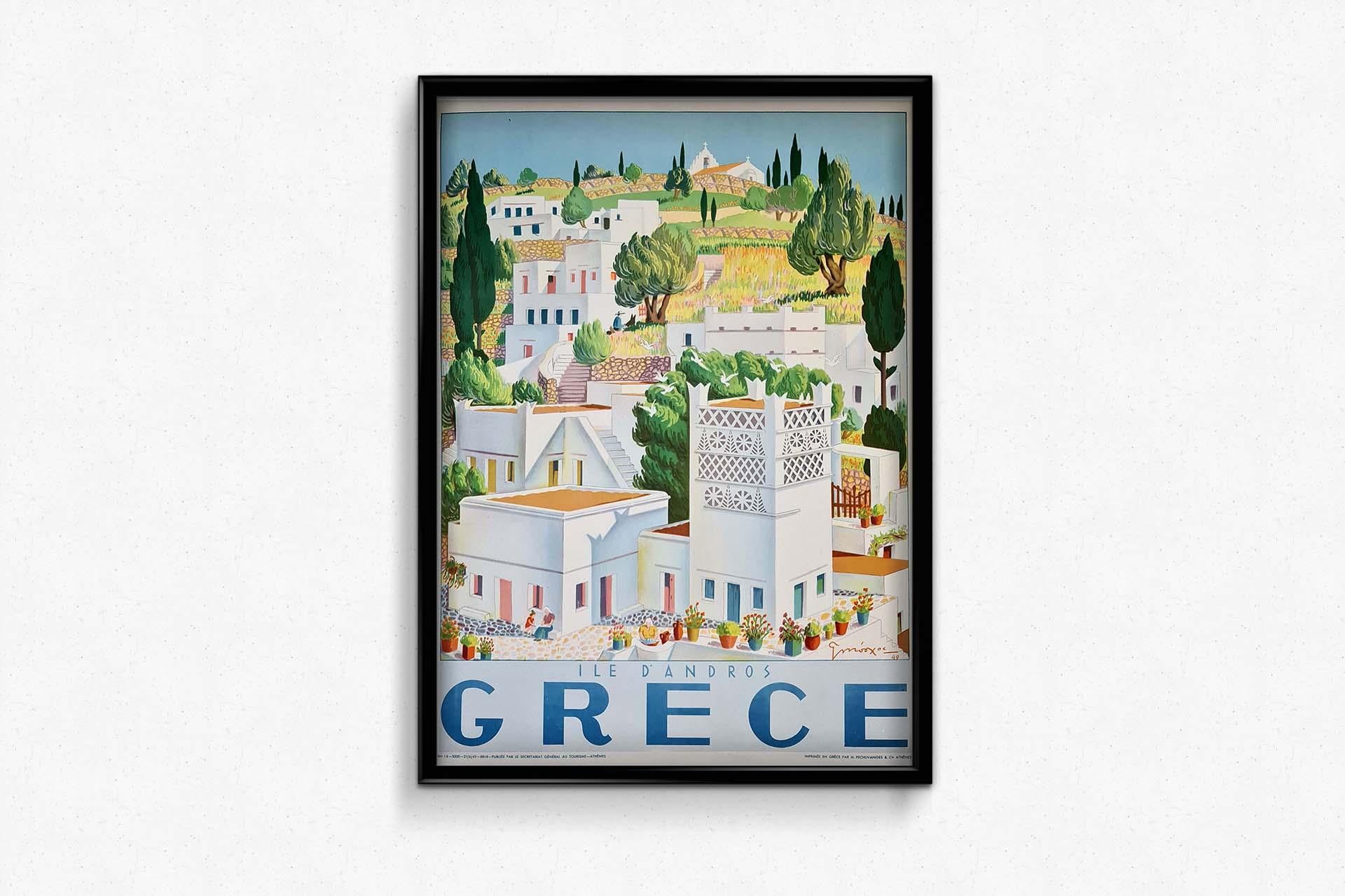 Affiche de voyage originale réalisée par George Moschos pour l'île d'Andros en Grèce en vente 2