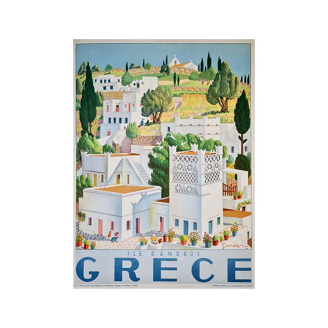Affiche de voyage originale réalisée par George Moschos pour l'île d'Andros en Grèce - Print de Georgios Moschos
