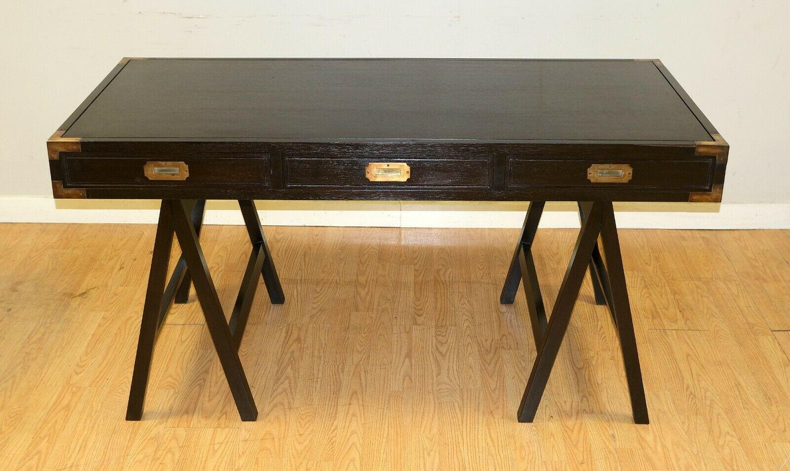 English Georgous Hardwood Military Campaign Trestle Brown Desk with Three Drawers