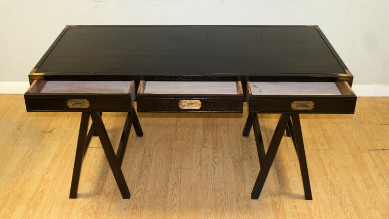 20th Century Georgous Hardwood Military Campaign Trestle Brown Desk with Three Drawers For Sale