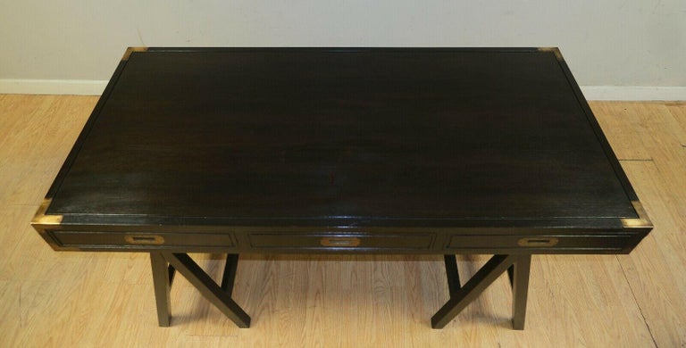 Georgous Hardwood Military Campaign Trestle Brown Desk with Three Drawers For Sale 1