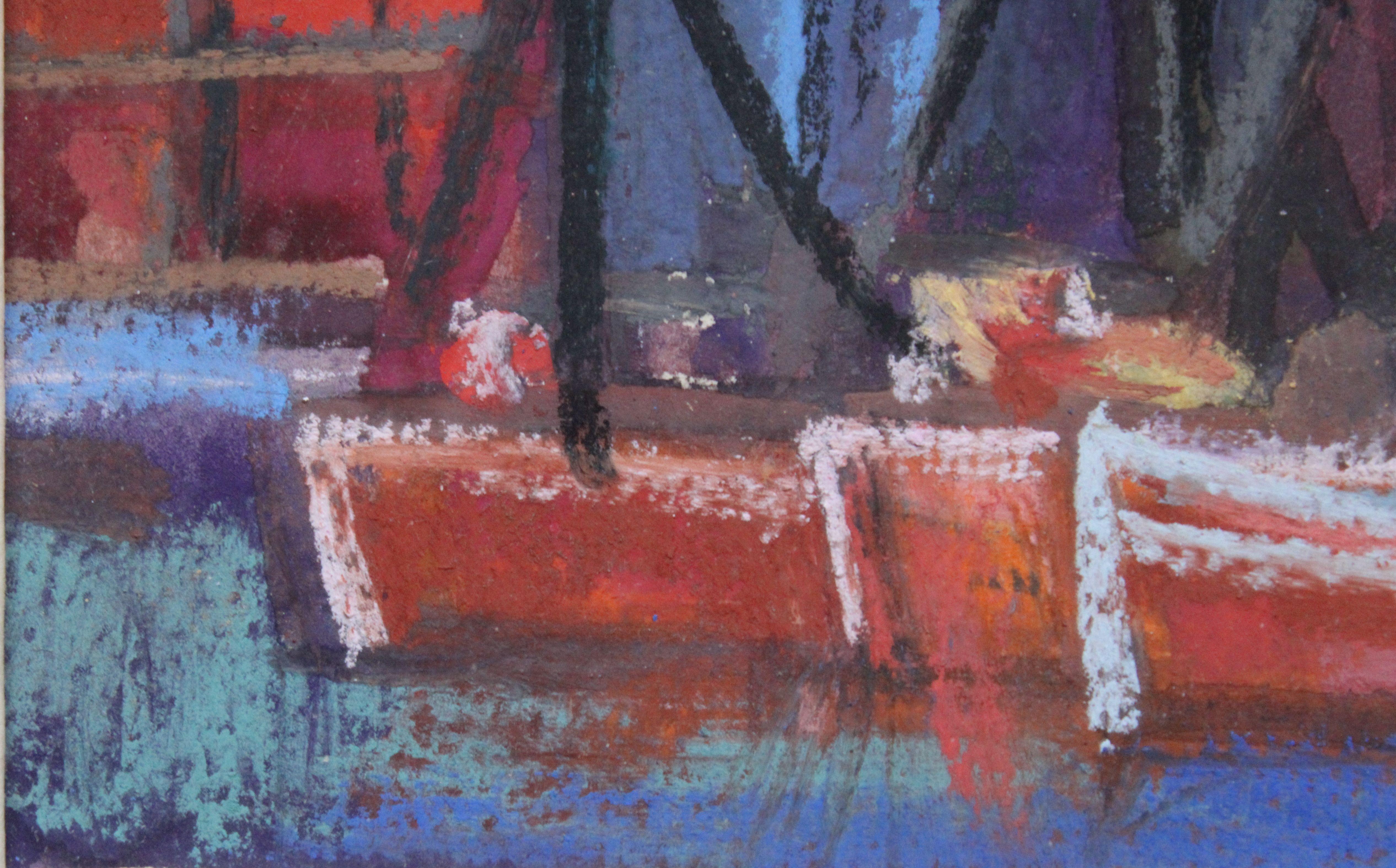 Boats. Paper/pastel. 9, 5x13, 5 cm - Gray Abstract Painting by Georgs Barkans