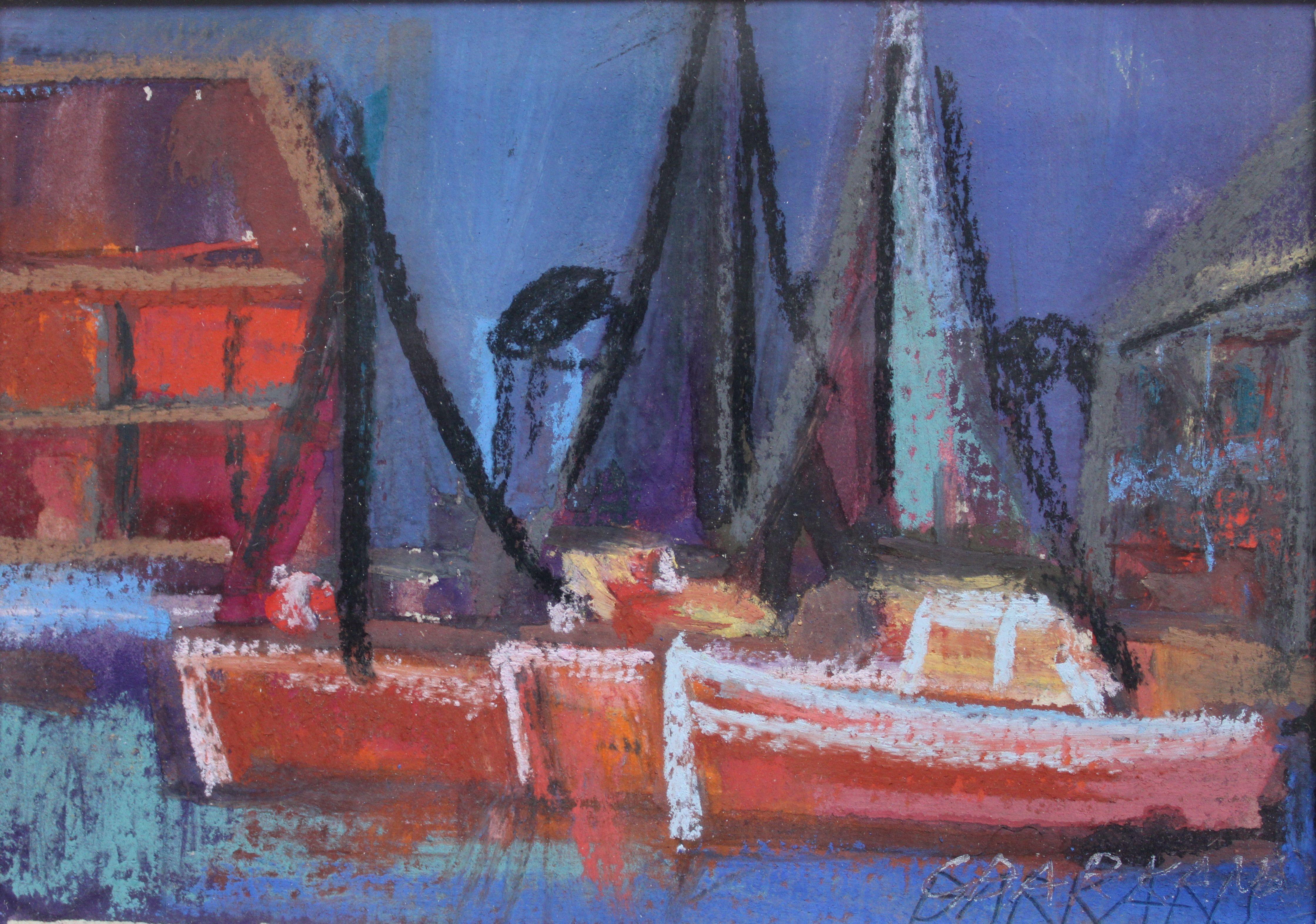 Georgs Barkans Abstract Painting – Boote. Papier/pastel. 9,5x3,5 cm