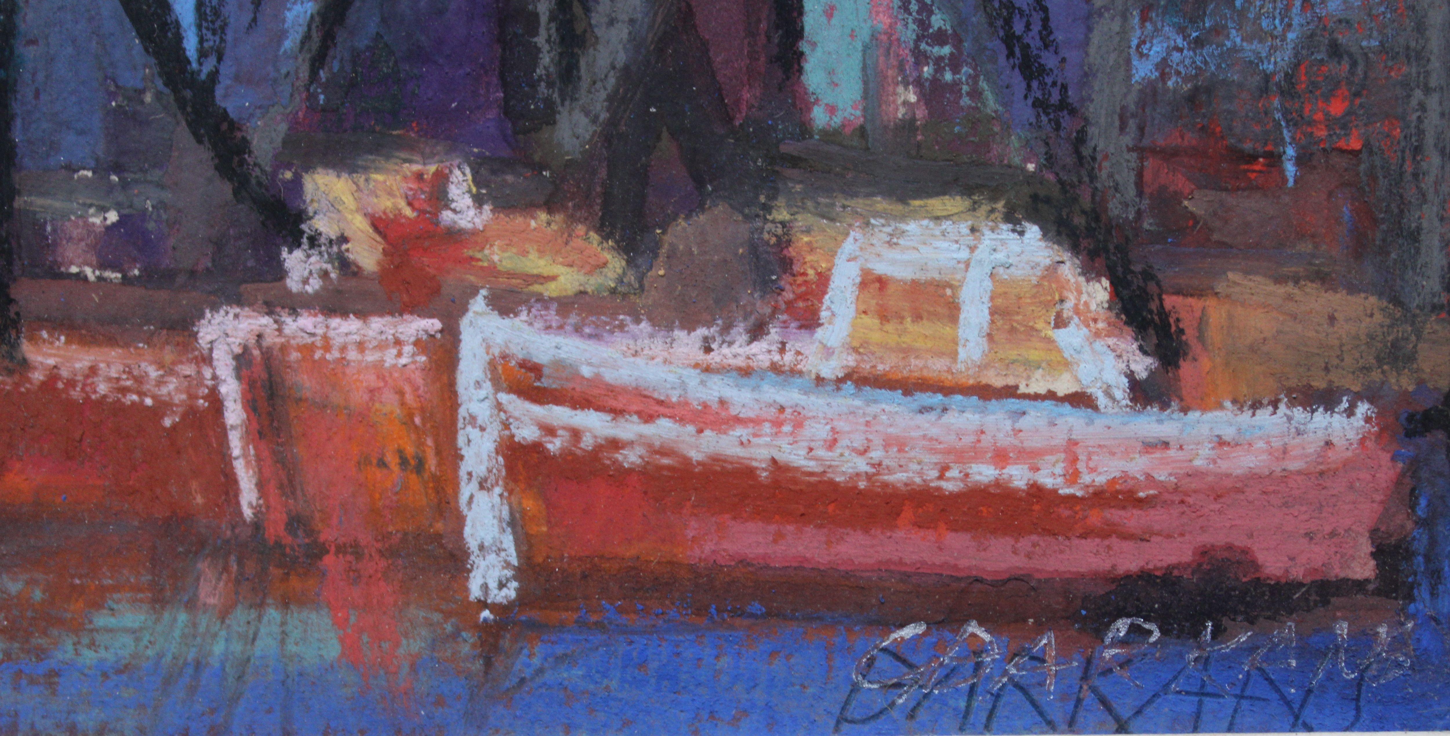 Boats. Paper/pastel. 9, 5x13, 5 cm - Abstract Painting by Georgs Barkans