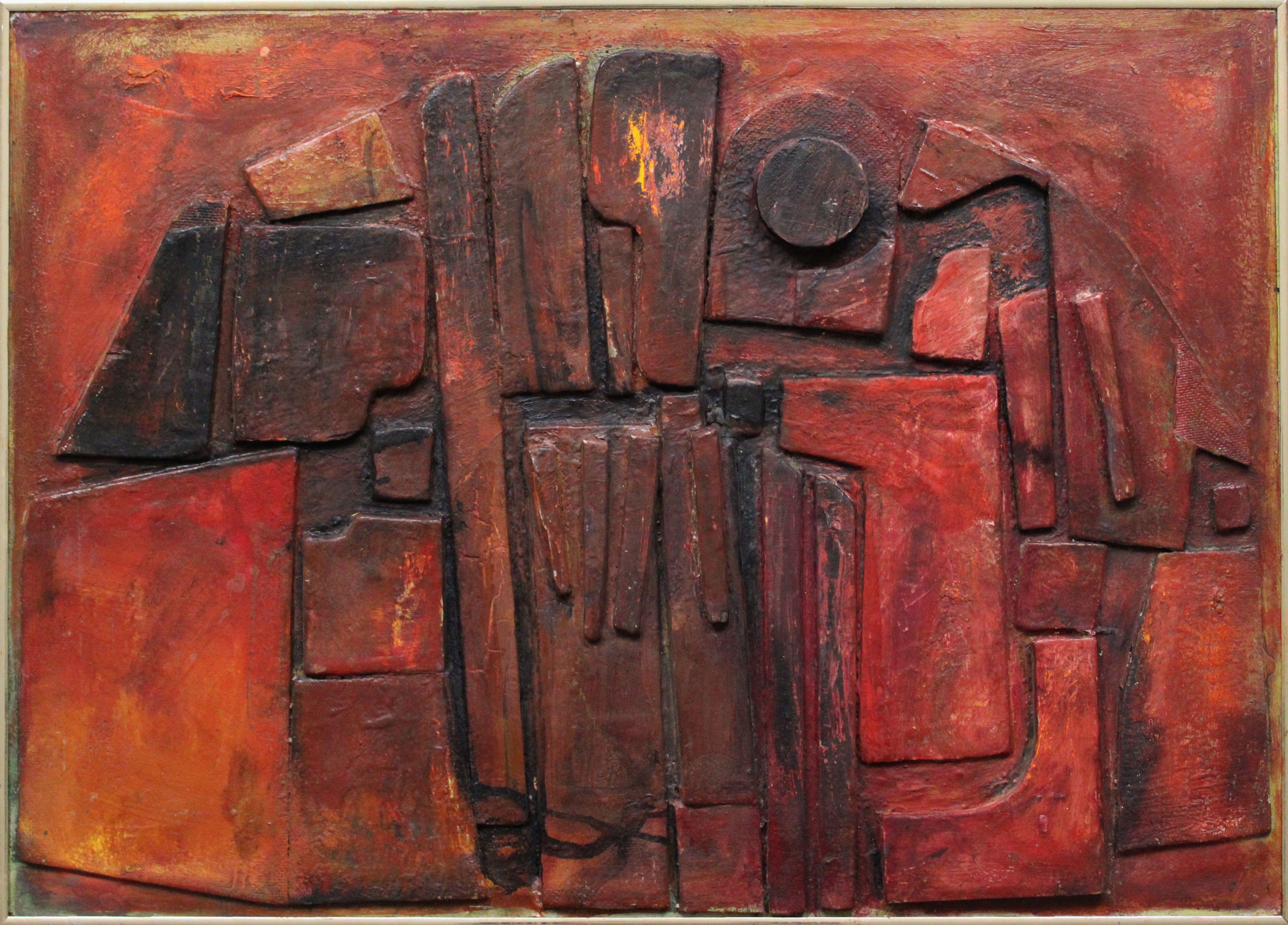 Georgs Barkans Abstract Painting – Dedication to Picasso. 1991, Assemblage, Karton, Holz, Acryl, 49, 5x59, 5cm