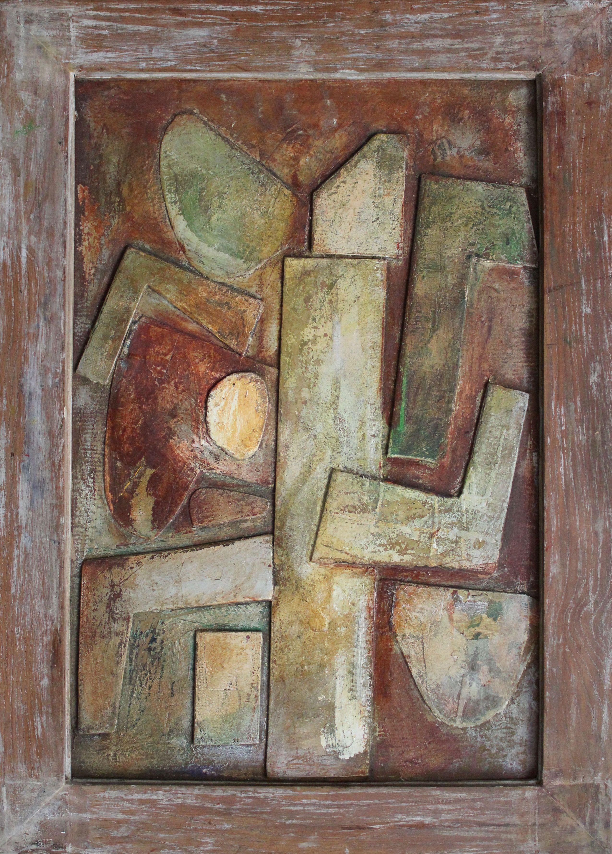Dedication to Picasso. 1993, Assemblage, Karton, Holz, Acryl, 68 x 47 cm – Painting von Georgs Barkans