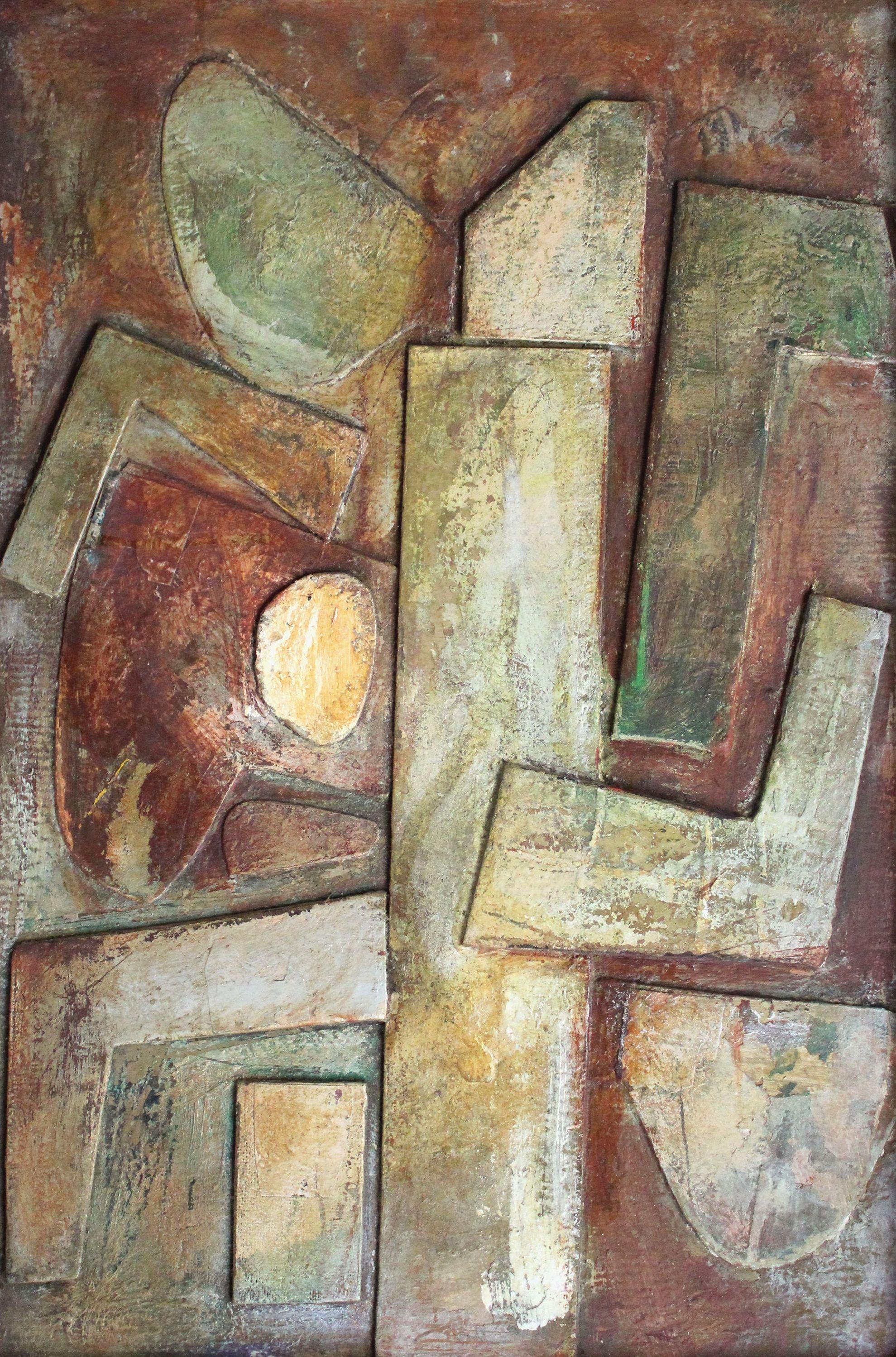 Georgs Barkans Abstract Painting – Dedication to Picasso. 1993, Assemblage, Karton, Holz, Acryl, 68 x 47 cm