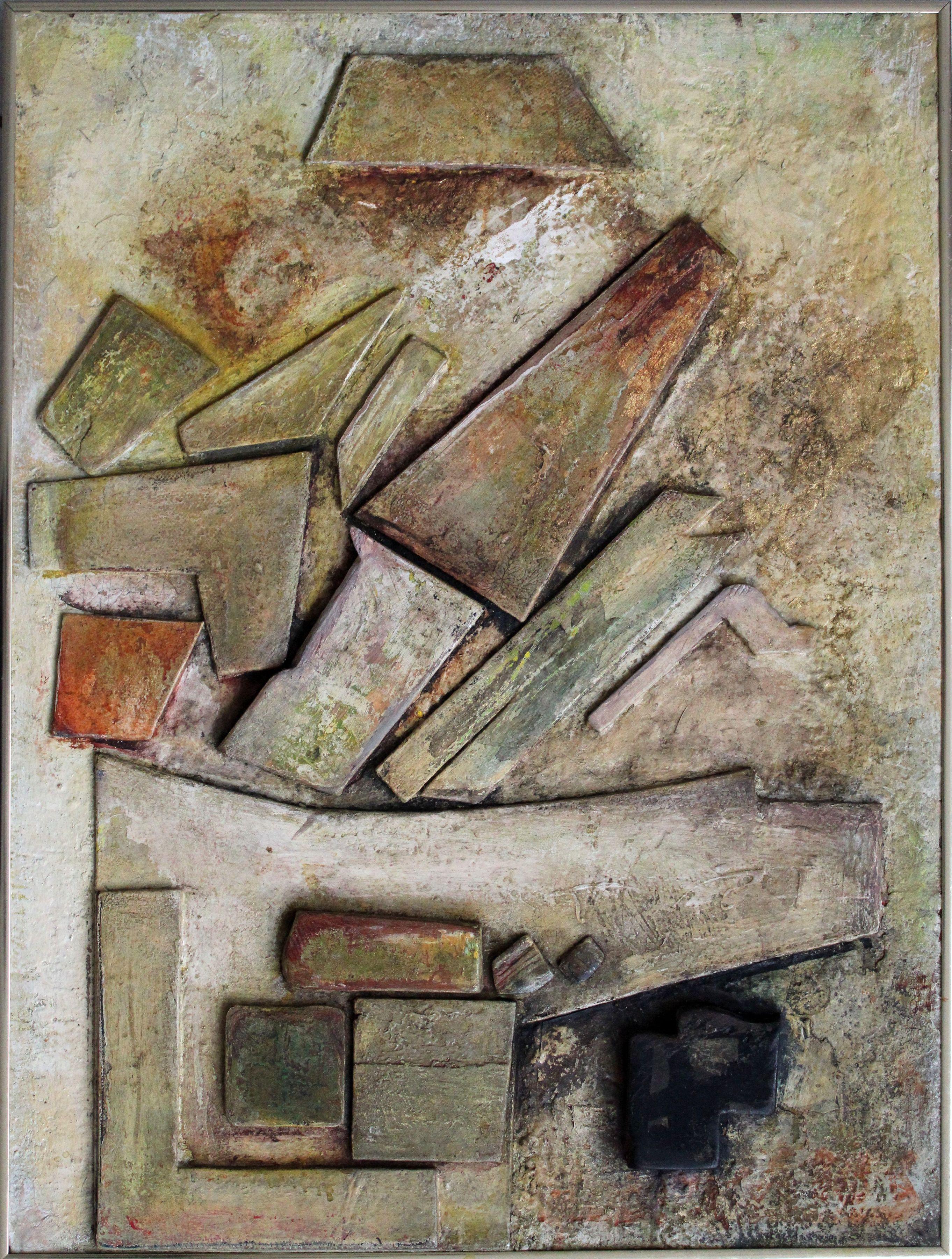 Georgs Barkans Abstract Painting - Landscape from a bird\'s eye view. 2002. Assemblage, 49x65 cm