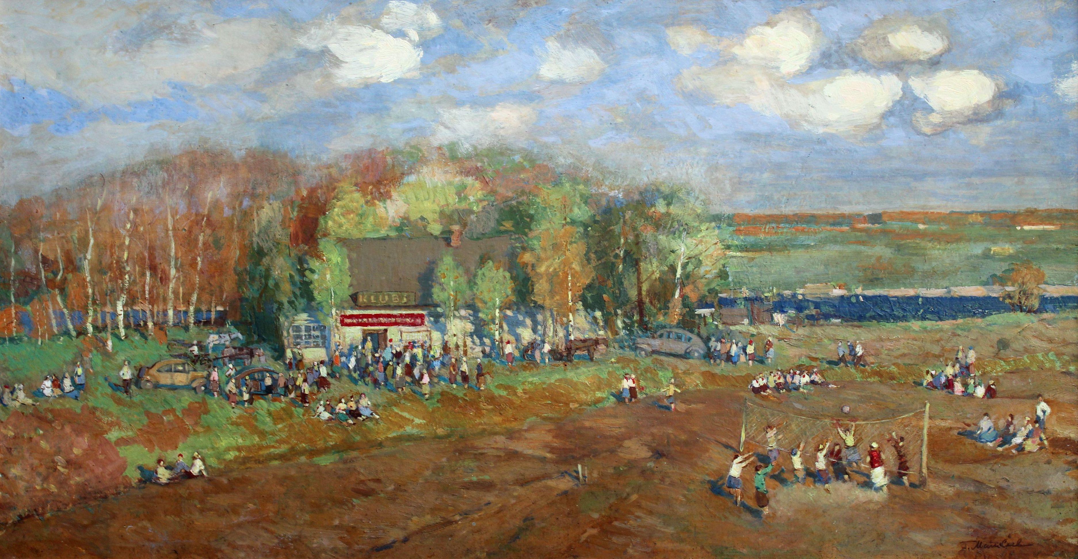 At the kolkhoz club on a holiday. Cardboard, tempera, 42x80 cm