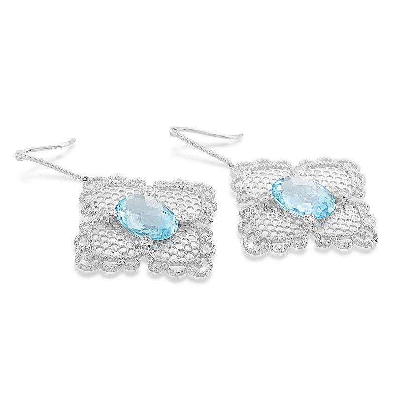 Bold and beautiful, this pair of earrings from Georland are sure to garner much attention. The earrings are made of 18K white gold lace and are set with ~15.32ct of topaz as well as ~.36ct of white diamonds.
 