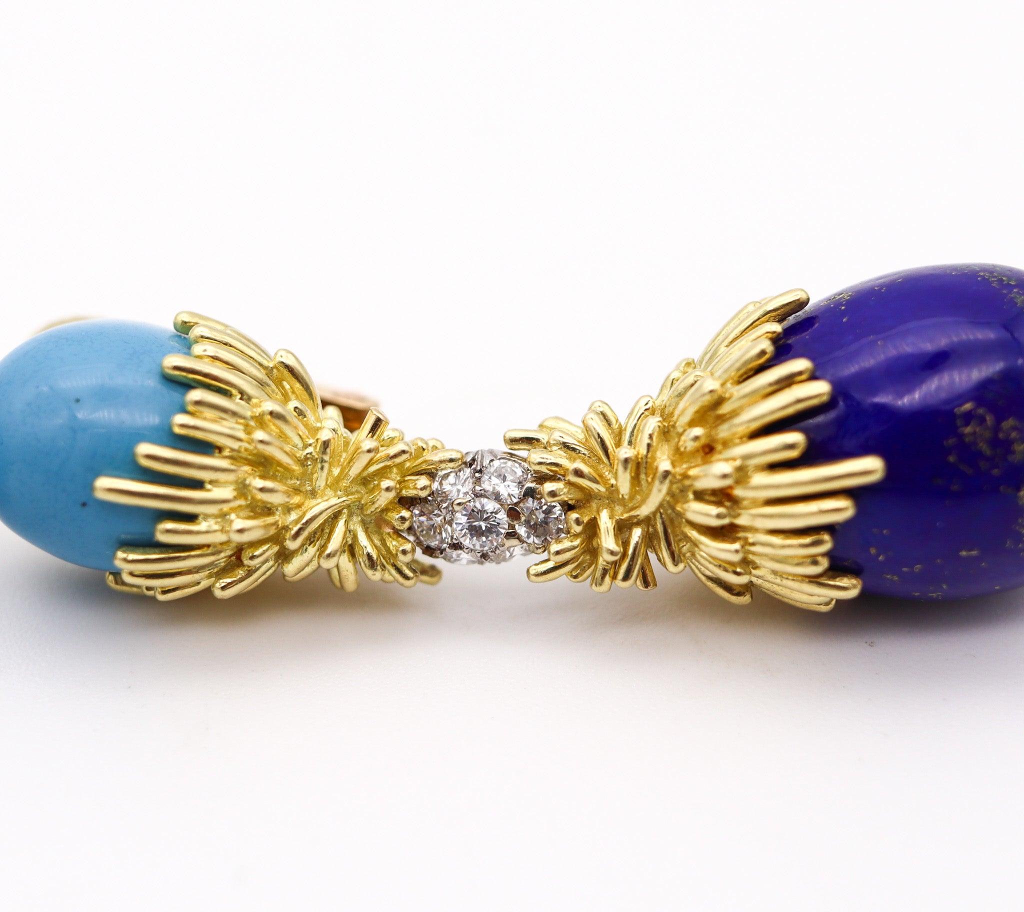 Modernist GEORLAND Paris 1970 Dangle Earrings In 18K Gold With Enamel, Diamonds & Lapis