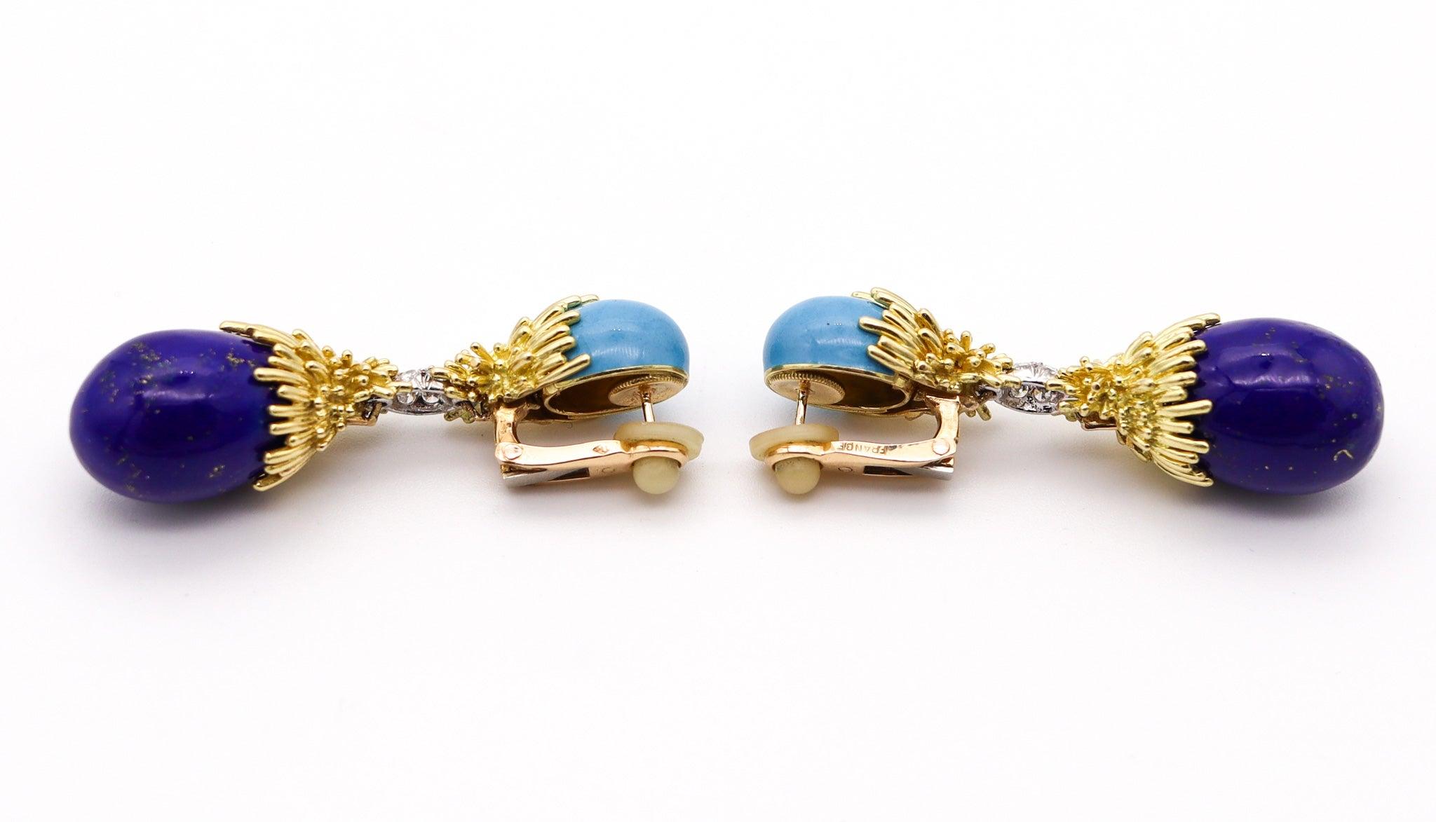 Briolette Cut GEORLAND Paris 1970 Dangle Earrings In 18K Gold With Enamel, Diamonds & Lapis