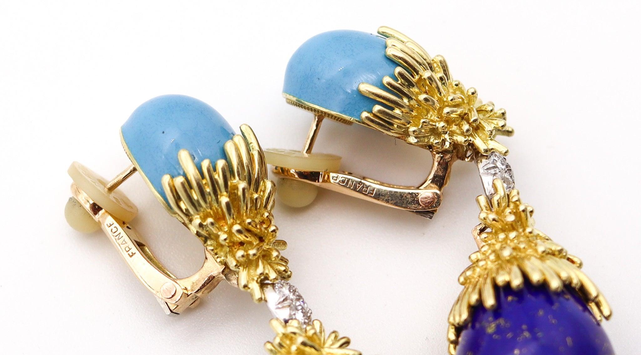 GEORLAND Paris 1970 Dangle Earrings In 18K Gold With Enamel, Diamonds & Lapis In Excellent Condition In Miami, FL