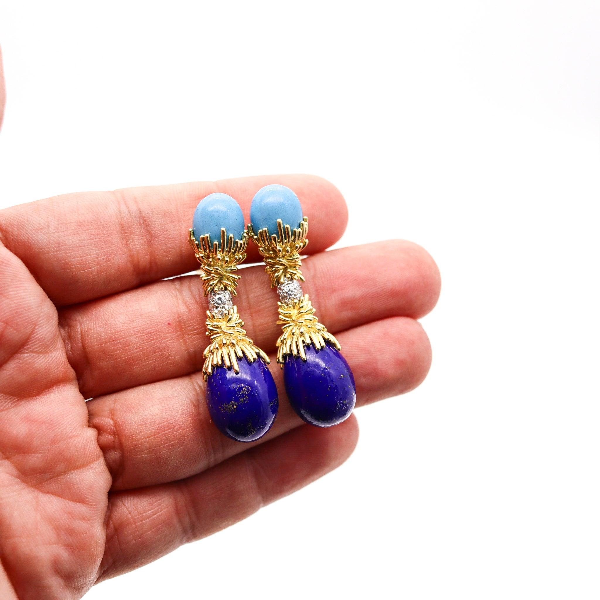 Women's GEORLAND Paris 1970 Dangle Earrings In 18K Gold With Enamel, Diamonds & Lapis