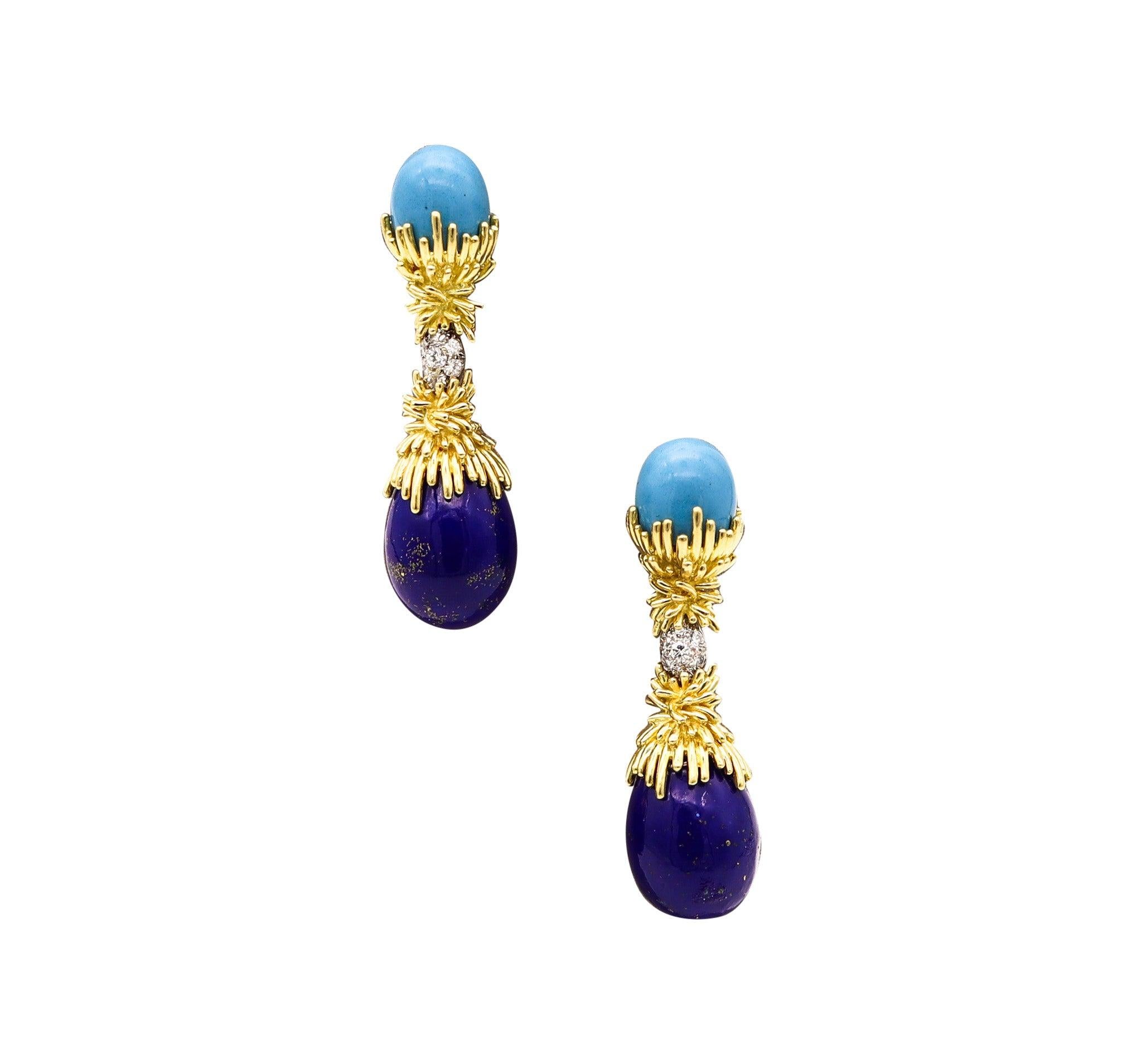 GEORLAND Paris 1970 Dangle Earrings In 18K Gold With Enamel, Diamonds & Lapis 1