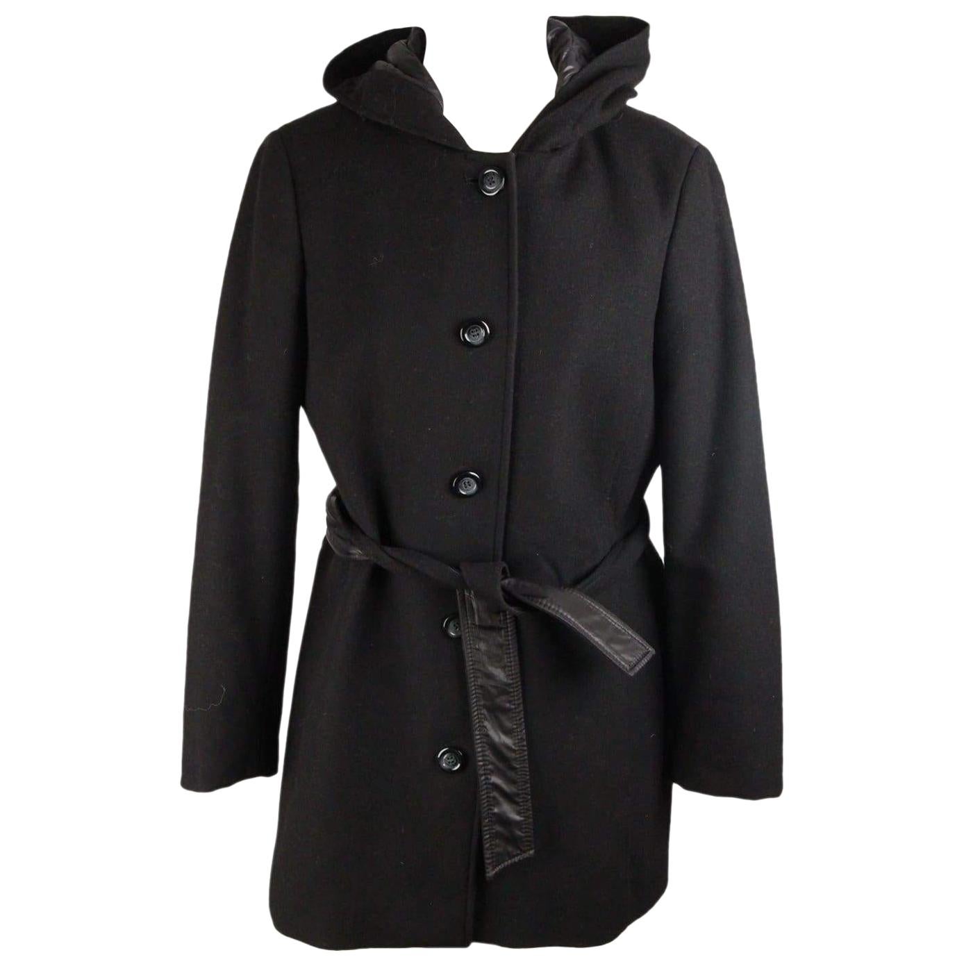 GEOX Black Wool Blend MID LENGHT JACKET Coat HOODED Size 44
