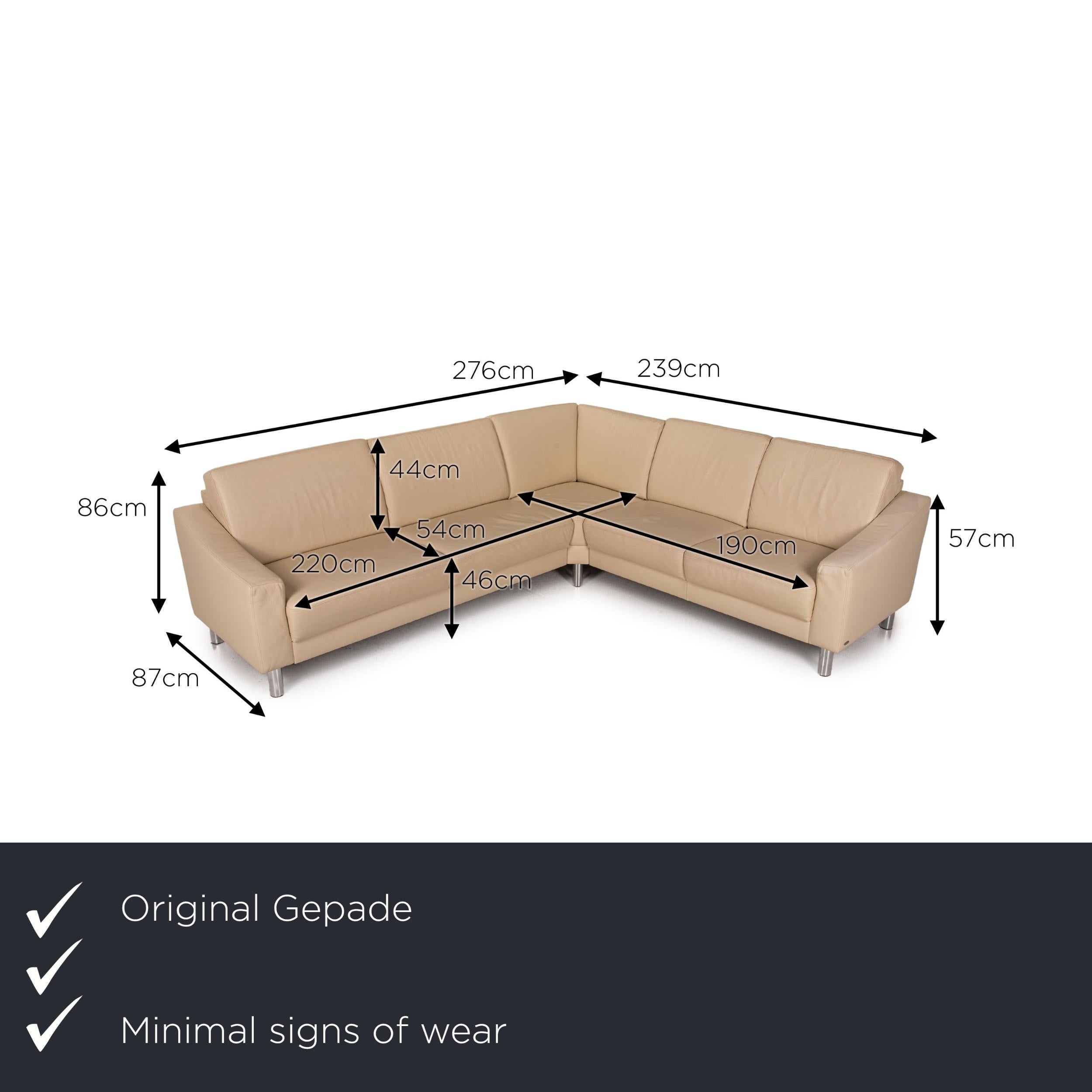 We present to you a Gepade leather sofa cream corner sofa couch.
 

 Product measurements in centimeters:
 

Depth: 87
Width: 239
Height: 86
Seat height: 46
Rest height: 57
Seat depth: 54
Seat width: 190
Back height: 44.
 